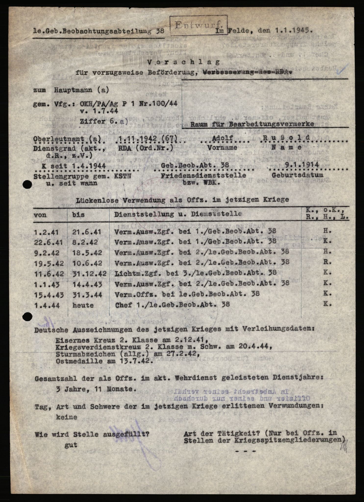 Forsvarets Overkommando. 2 kontor. Arkiv 11.4. Spredte tyske arkivsaker, AV/RA-RAFA-7031/D/Dar/Dara/L0019: Personalbøker og diverse, 1940-1945, p. 4