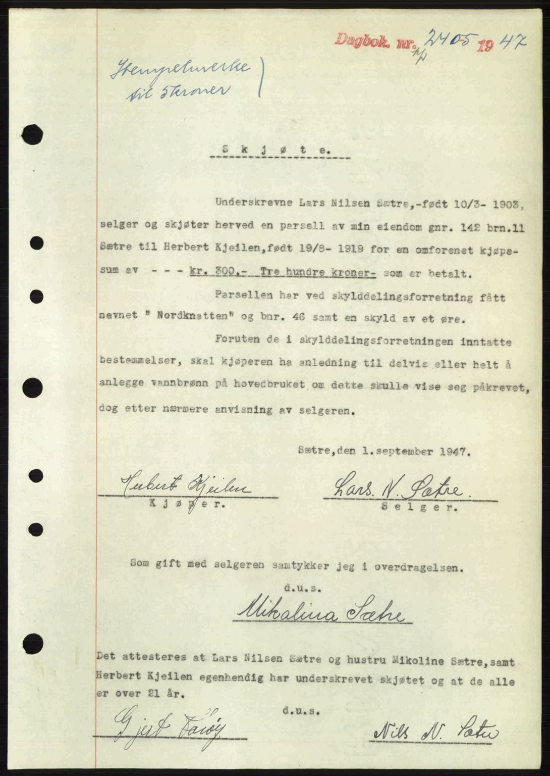 Nordhordland sorenskrivar, SAB/A-2901/1/G/Gb/Gbf/L0032: Mortgage book no. A32, 1947-1947, Diary no: : 2405/1947
