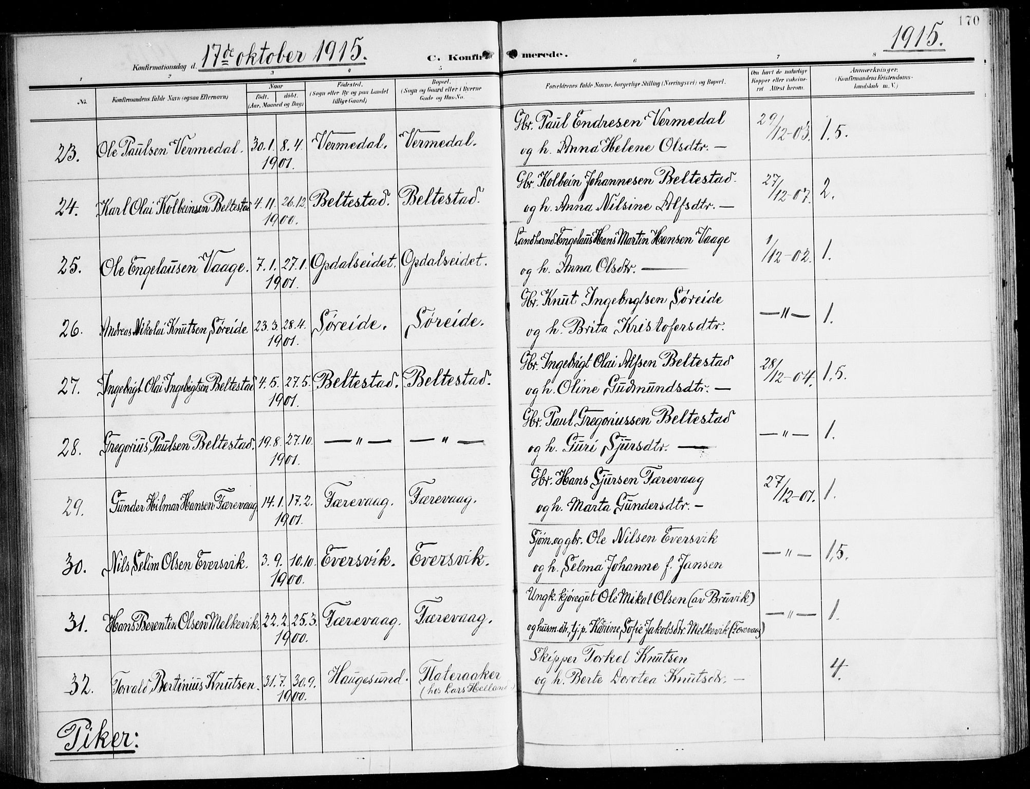 Tysnes sokneprestembete, AV/SAB-A-78601/H/Haa: Parish register (official) no. D 2, 1905-1922, p. 170