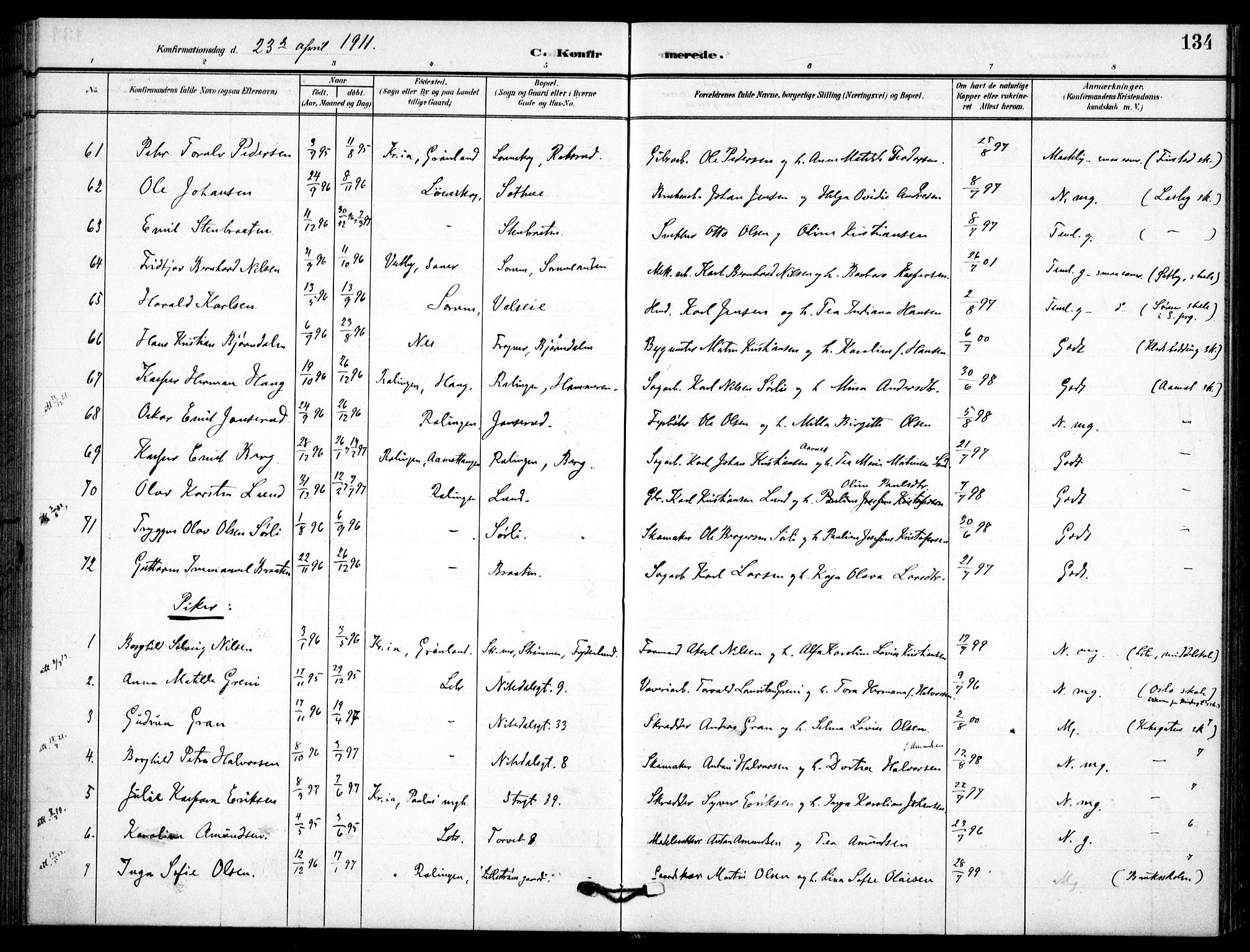 Skedsmo prestekontor Kirkebøker, AV/SAO-A-10033a/F/Fc/L0001: Parish register (official) no. III 1, 1908-1916, p. 134