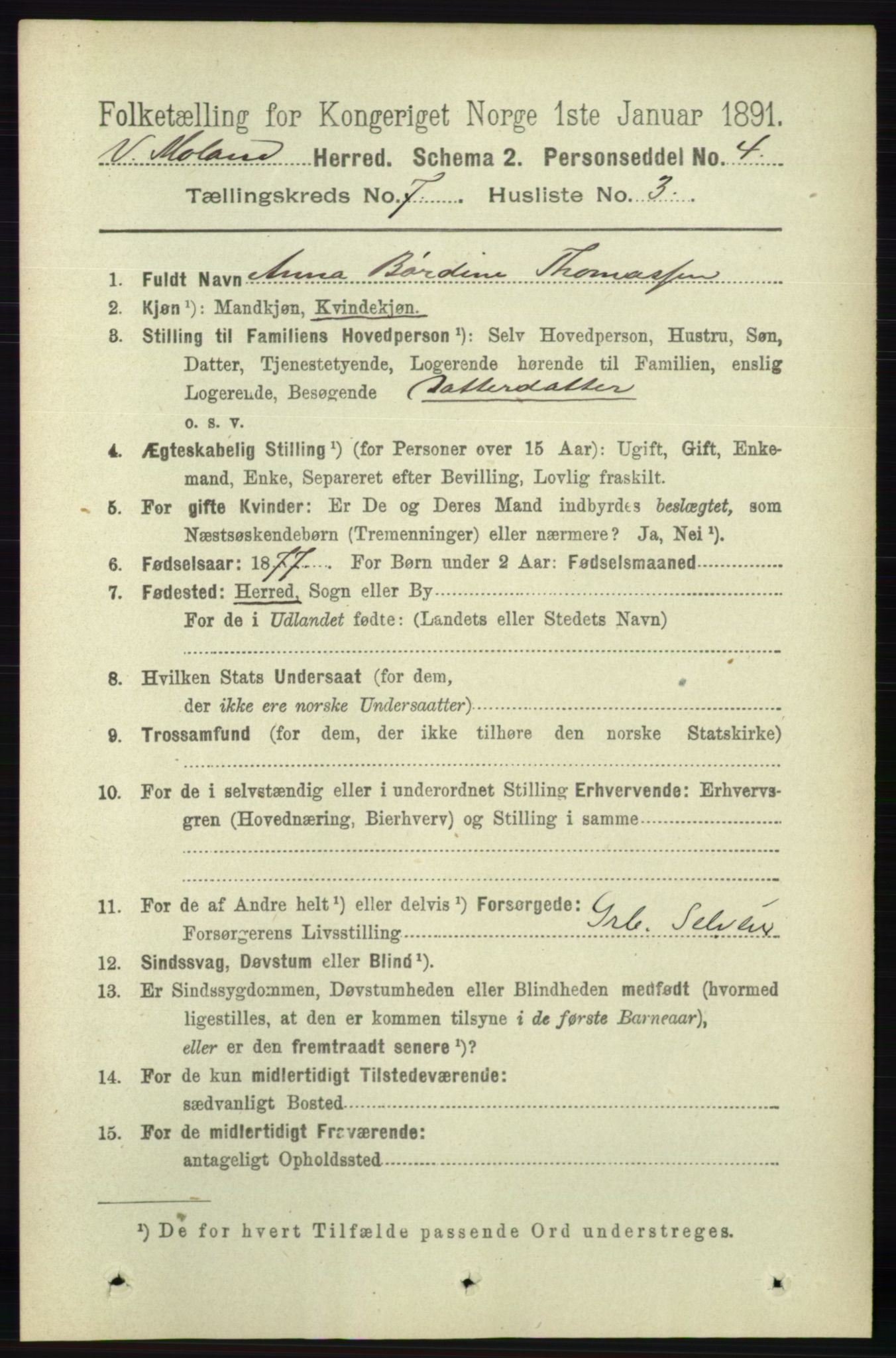 RA, 1891 census for 0926 Vestre Moland, 1891, p. 2809