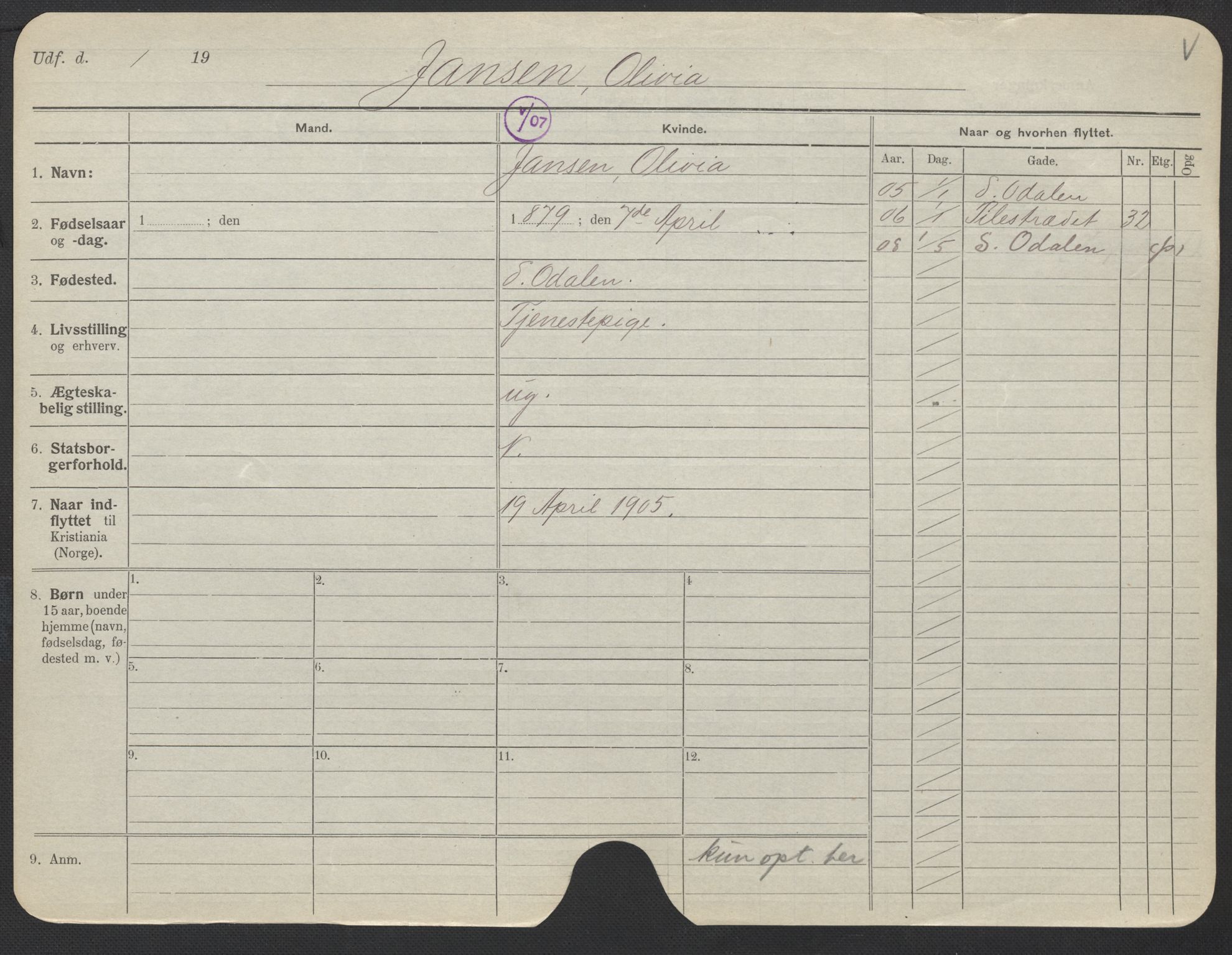 Oslo folkeregister, Registerkort, SAO/A-11715/F/Fa/Fac/L0017: Kvinner, 1906-1914, p. 327a