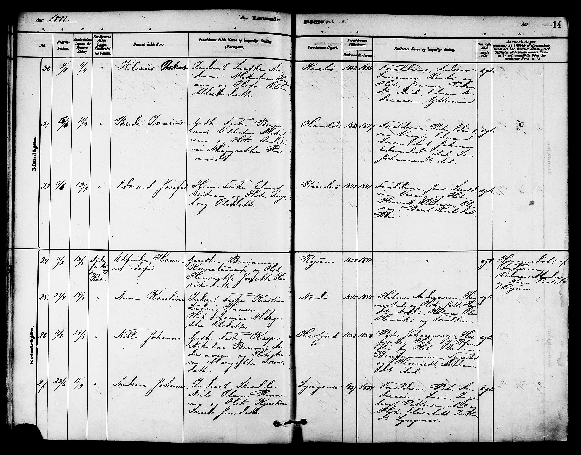 Ministerialprotokoller, klokkerbøker og fødselsregistre - Nord-Trøndelag, AV/SAT-A-1458/786/L0686: Parish register (official) no. 786A02, 1880-1887, p. 14