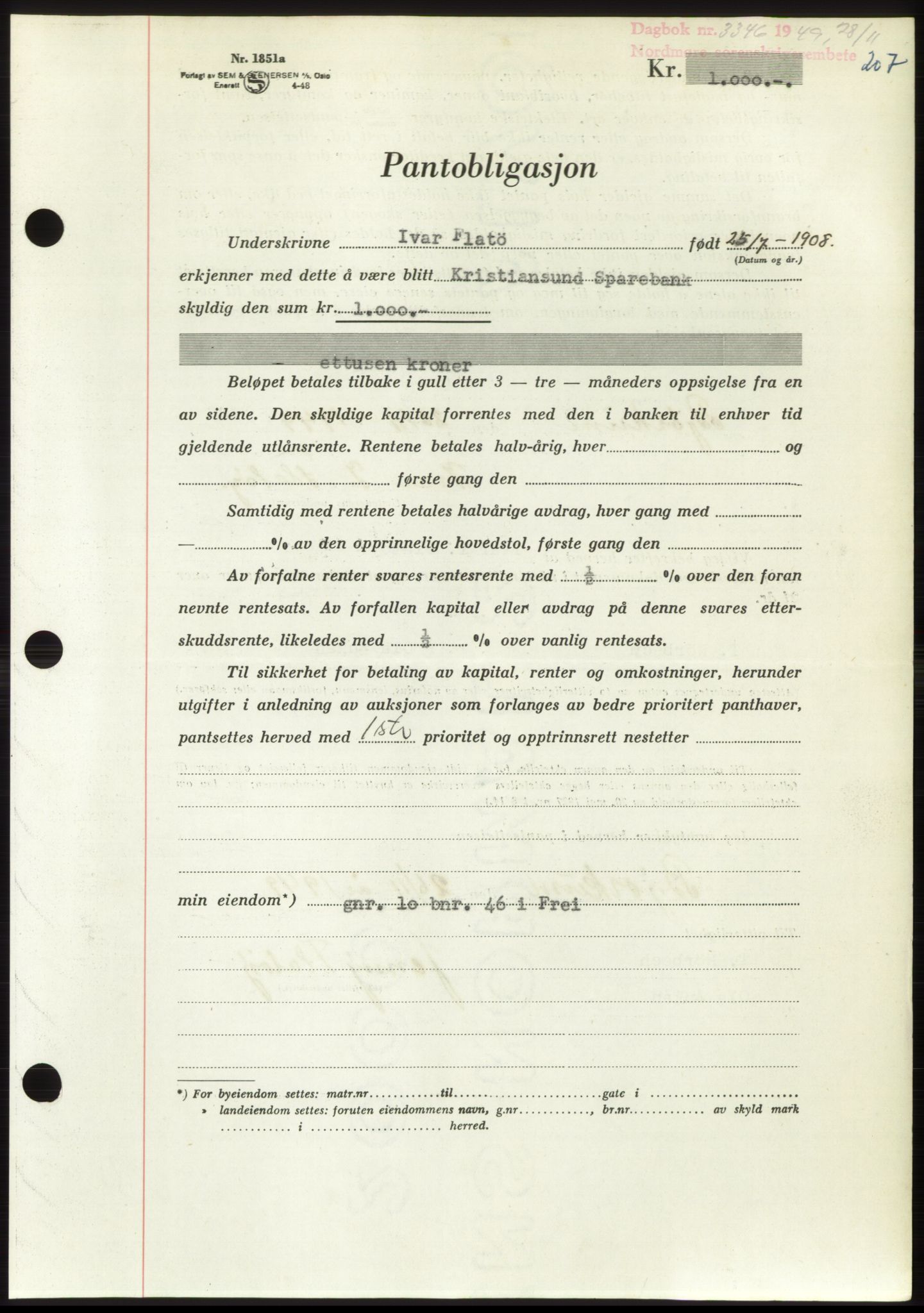 Nordmøre sorenskriveri, AV/SAT-A-4132/1/2/2Ca: Mortgage book no. B103, 1949-1950, Diary no: : 3346/1949