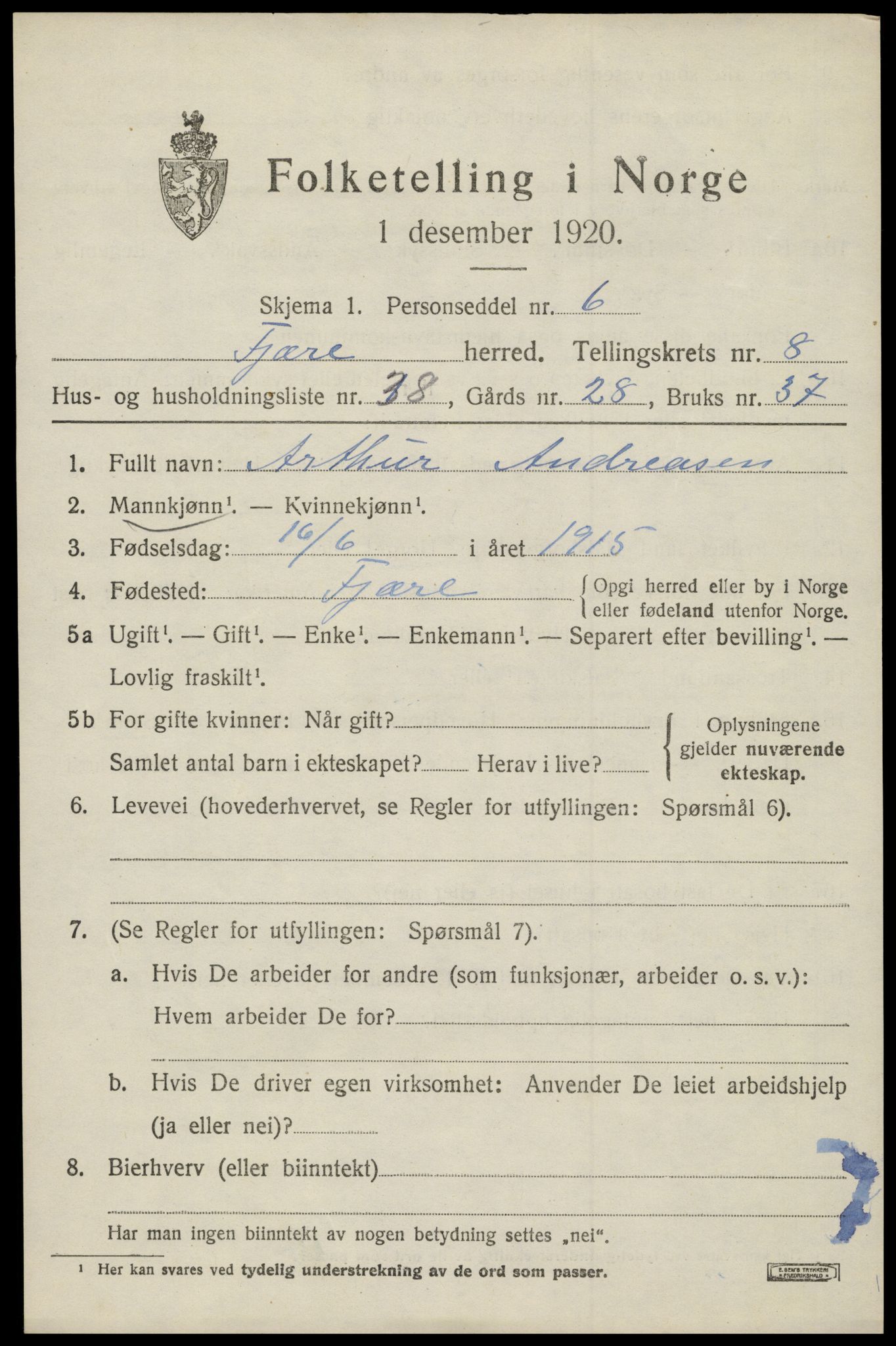 SAK, 1920 census for Fjære, 1920, p. 10763