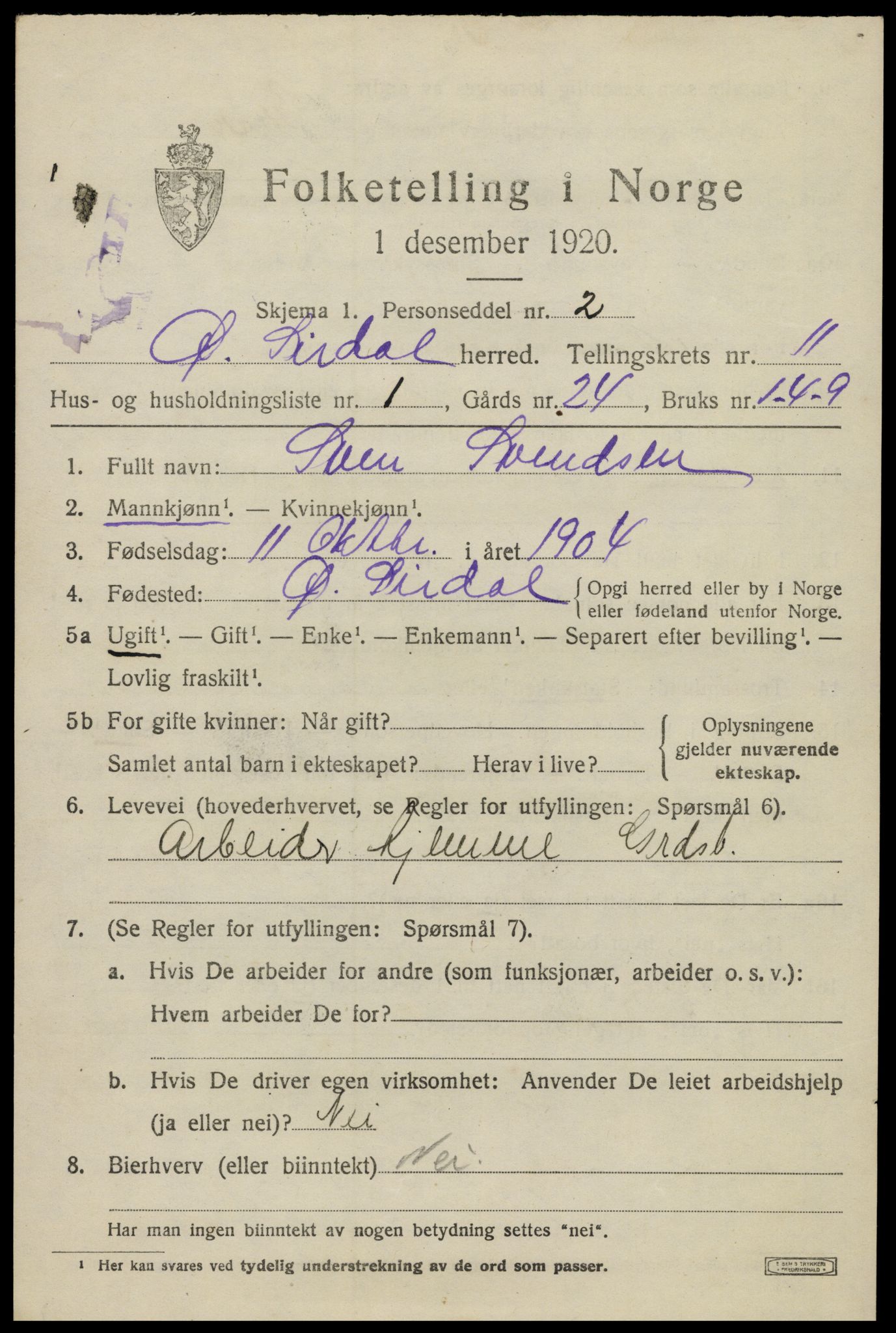 SAK, 1920 census for Øvre Sirdal, 1920, p. 1819