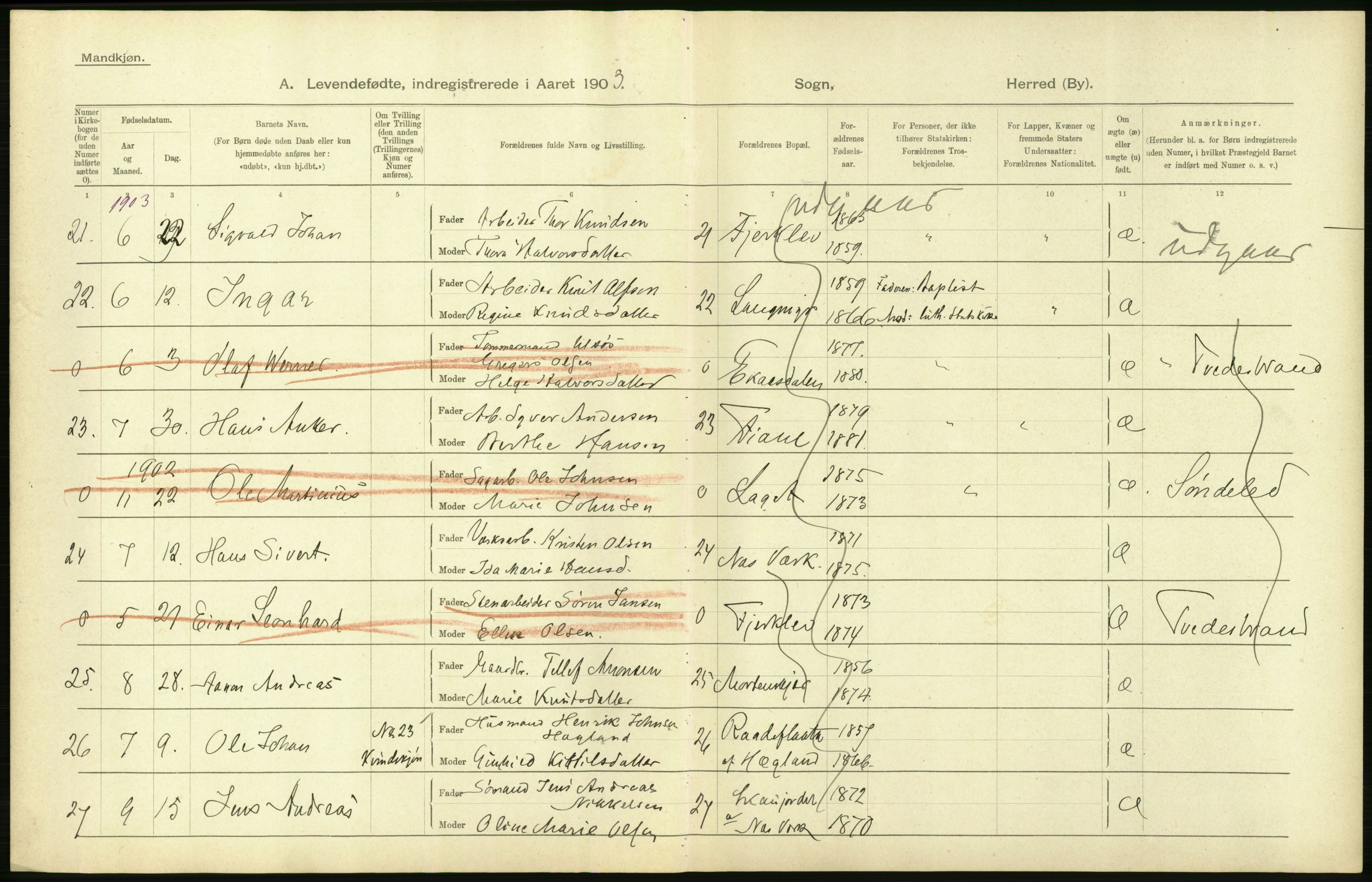 Statistisk sentralbyrå, Sosiodemografiske emner, Befolkning, AV/RA-S-2228/D/Df/Dfa/Dfaa/L0010: Nedenes amt: Fødte, gifte, døde, 1903, p. 68