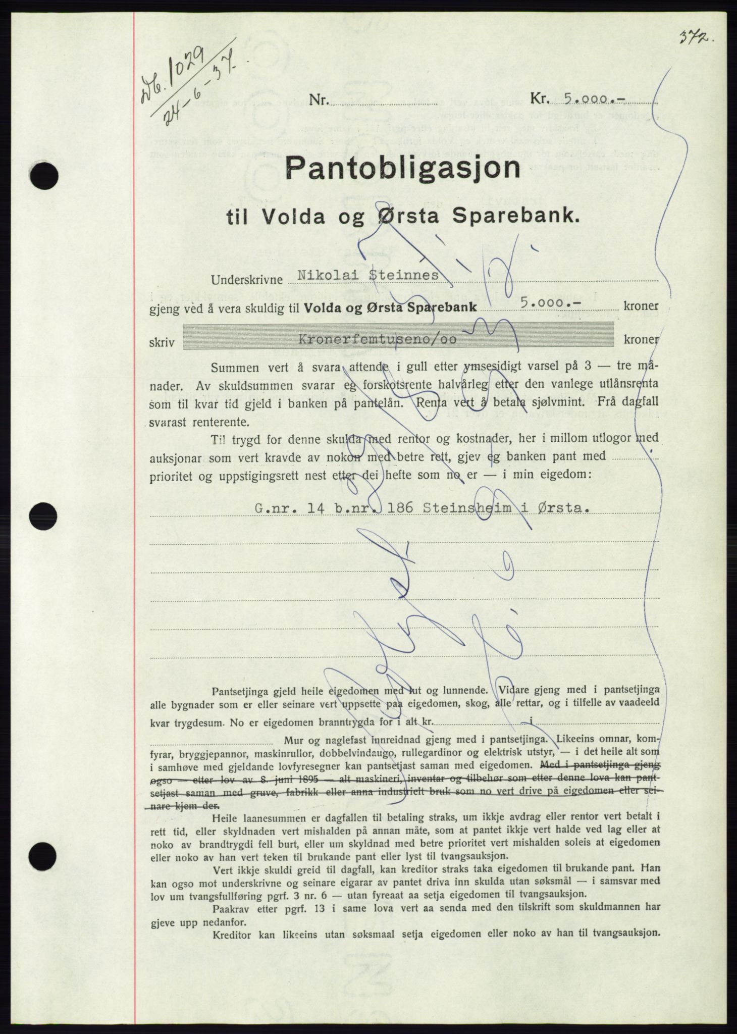 Søre Sunnmøre sorenskriveri, AV/SAT-A-4122/1/2/2C/L0063: Mortgage book no. 57, 1937-1937, Diary no: : 1029/1937