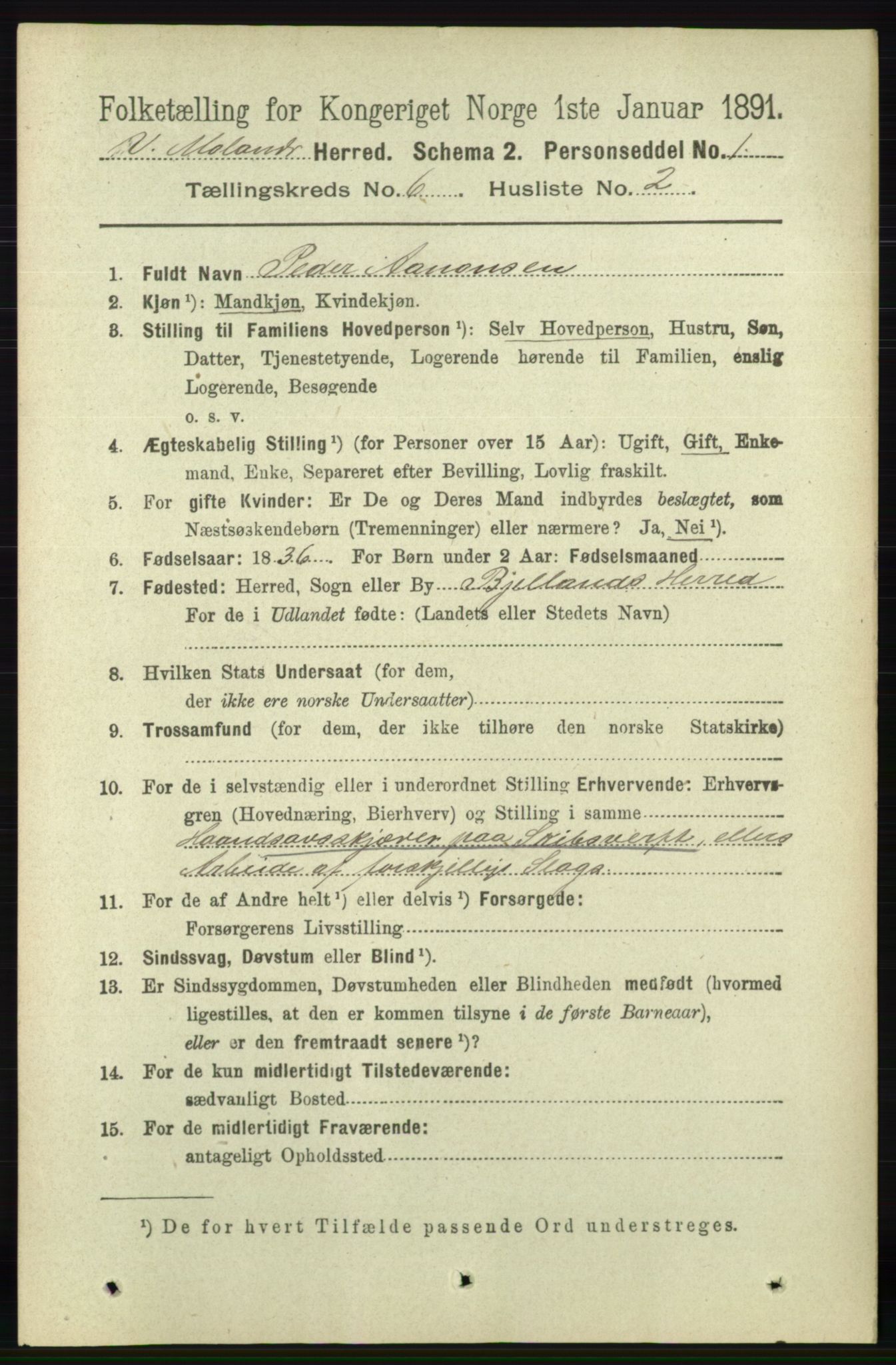 RA, 1891 census for 0926 Vestre Moland, 1891, p. 2353