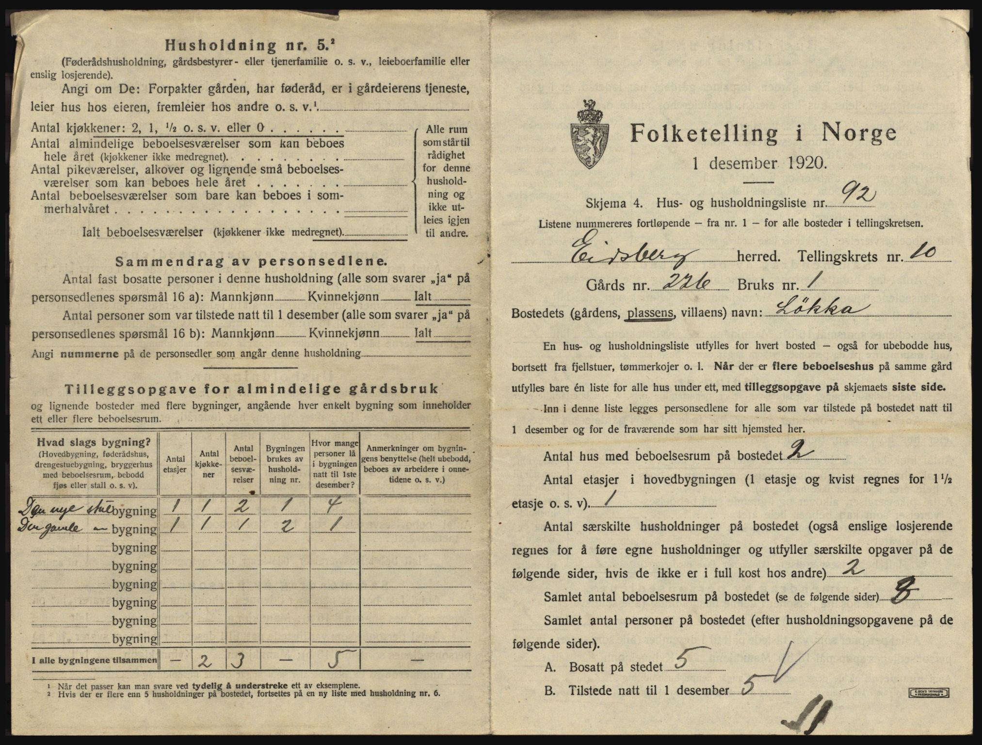 SAO, 1920 census for Eidsberg, 1920, p. 1945