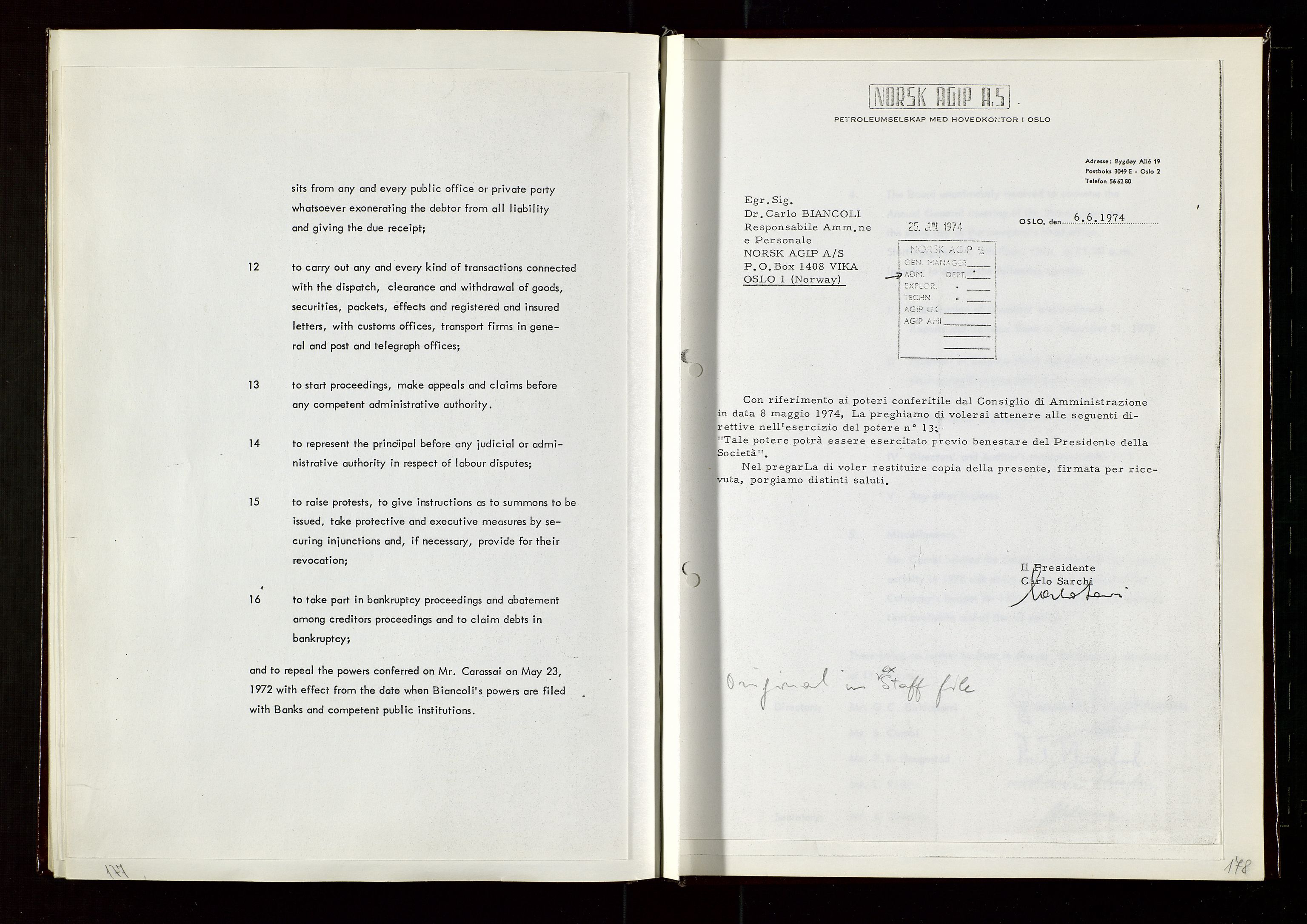 Pa 1583 - Norsk Agip AS, SAST/A-102138/A/Aa/L0002: General assembly and Board of Directors meeting minutes, 1972-1979, p. 177-178