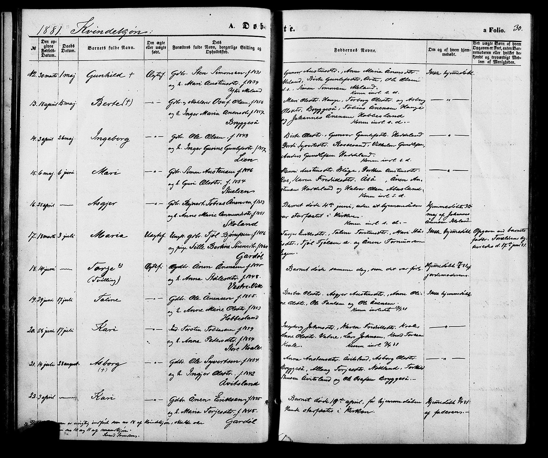 Hægebostad sokneprestkontor, SAK/1111-0024/F/Fa/Fab/L0003: Parish register (official) no. A 3, 1872-1886, p. 30