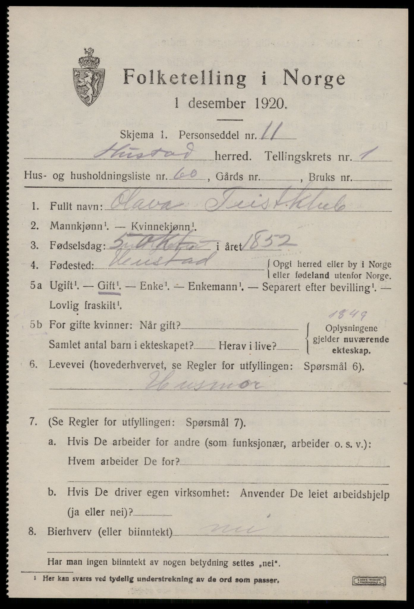 SAT, 1920 census for Hustad, 1920, p. 1497