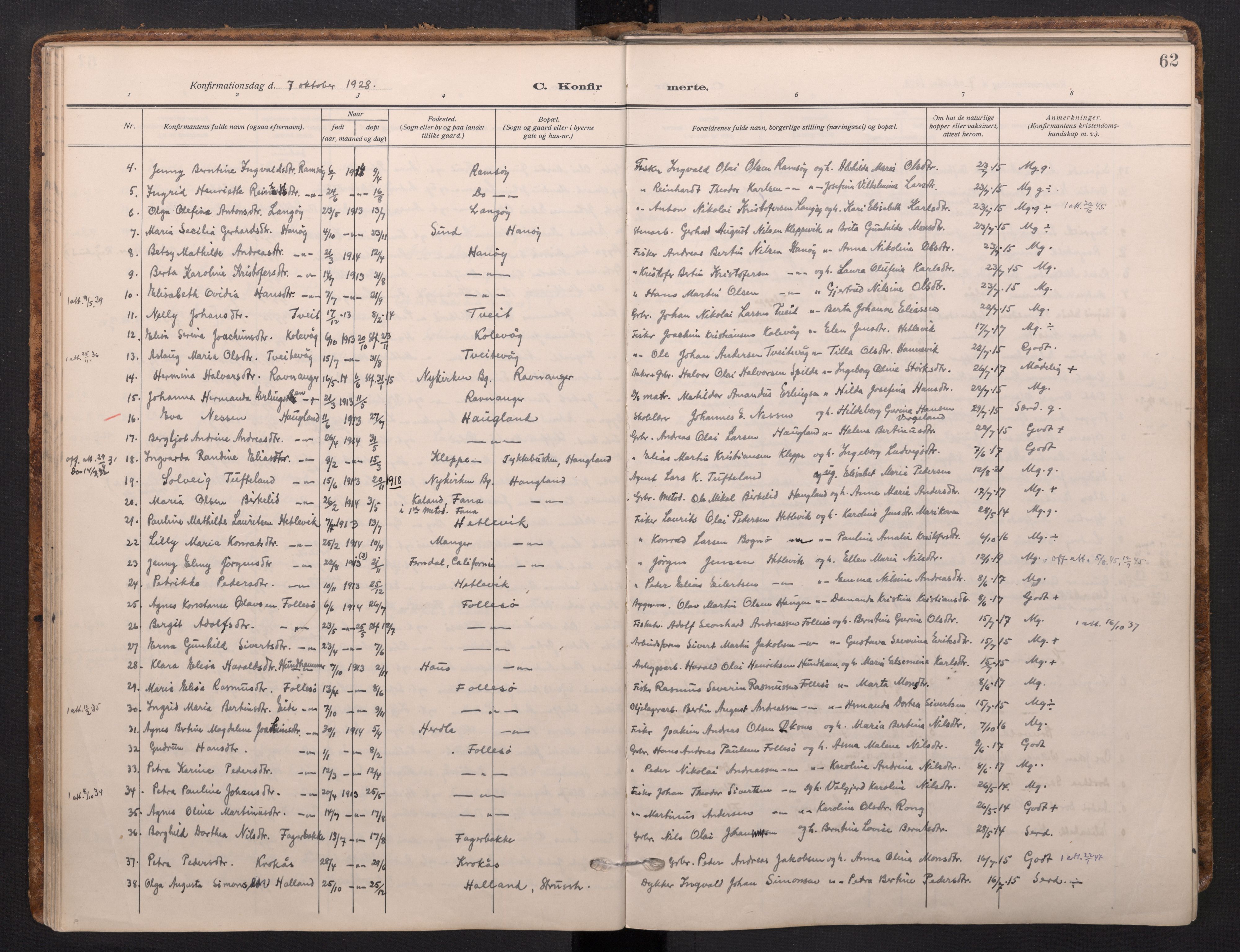 Askøy Sokneprestembete, AV/SAB-A-74101/H/Ha/Haa/Haad/L0002: Parish register (official) no. D 2, 1915-1935, p. 62