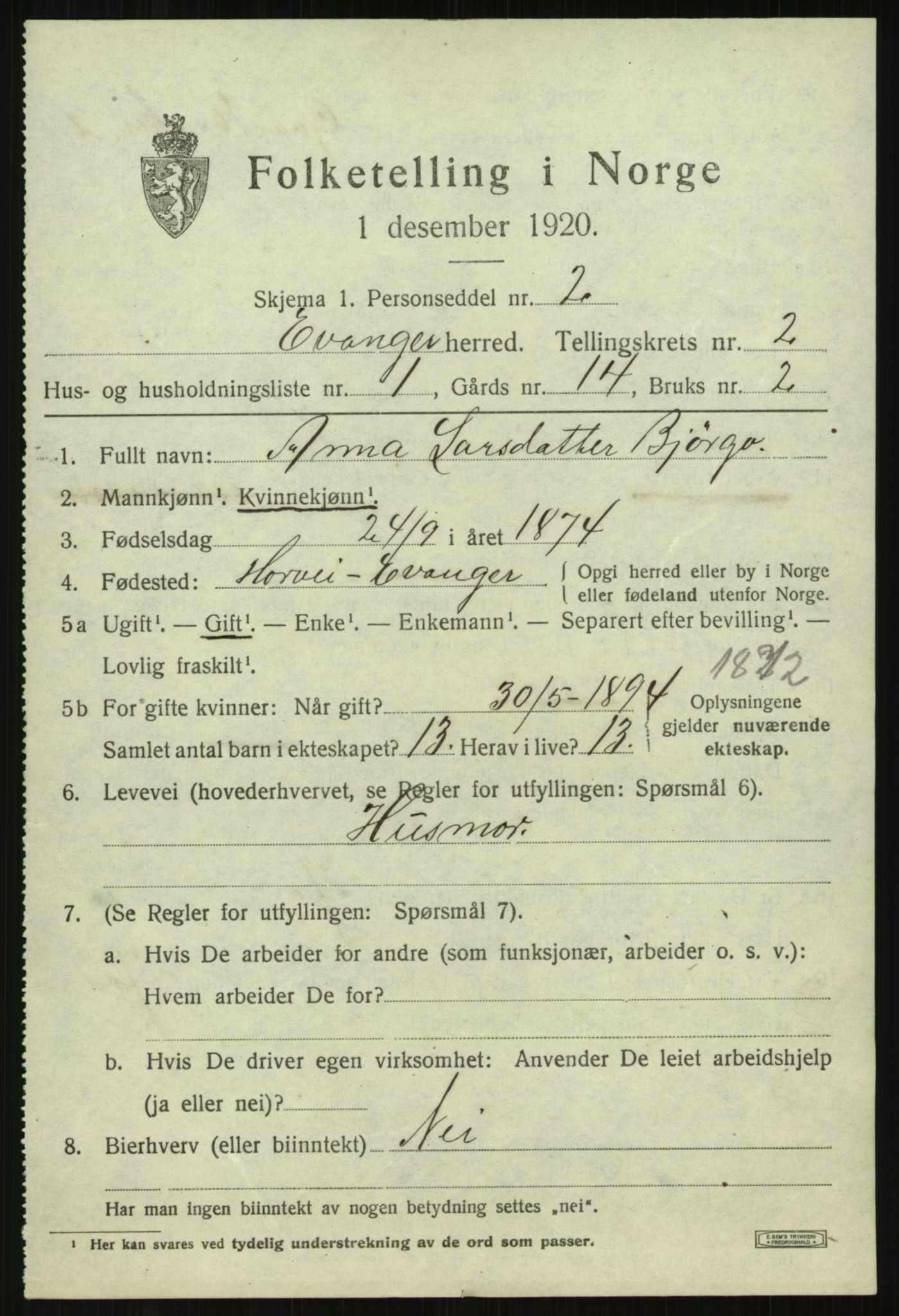 SAB, 1920 census for Evanger, 1920, p. 947