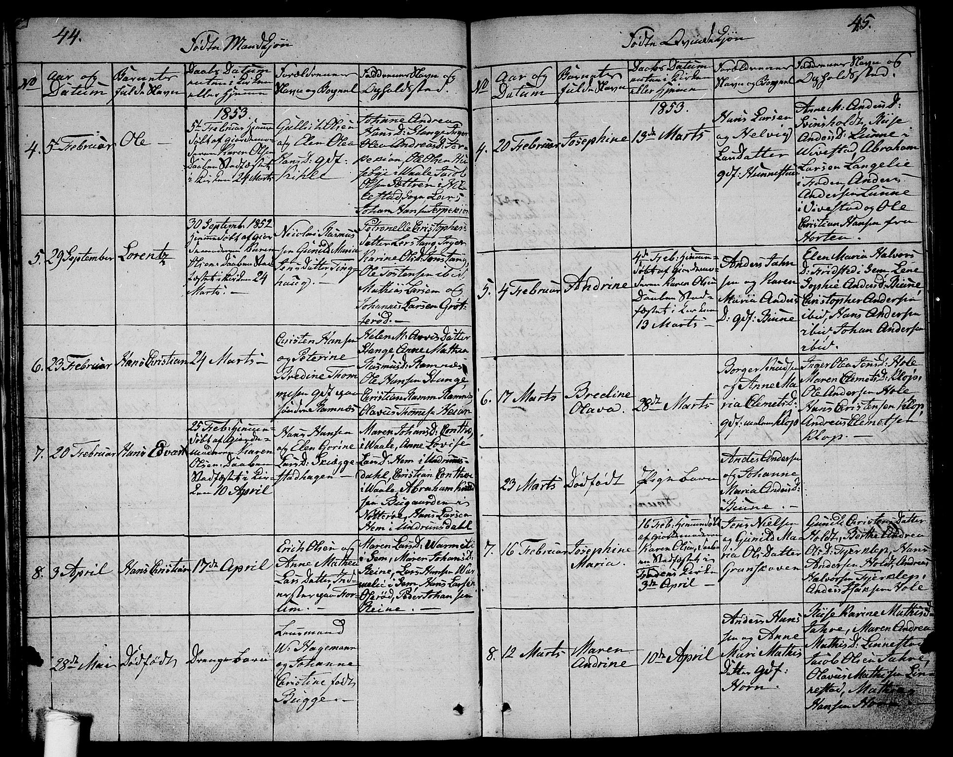 Ramnes kirkebøker, SAKO/A-314/G/Ga/L0002: Parish register (copy) no. I 2, 1848-1870, p. 44-45