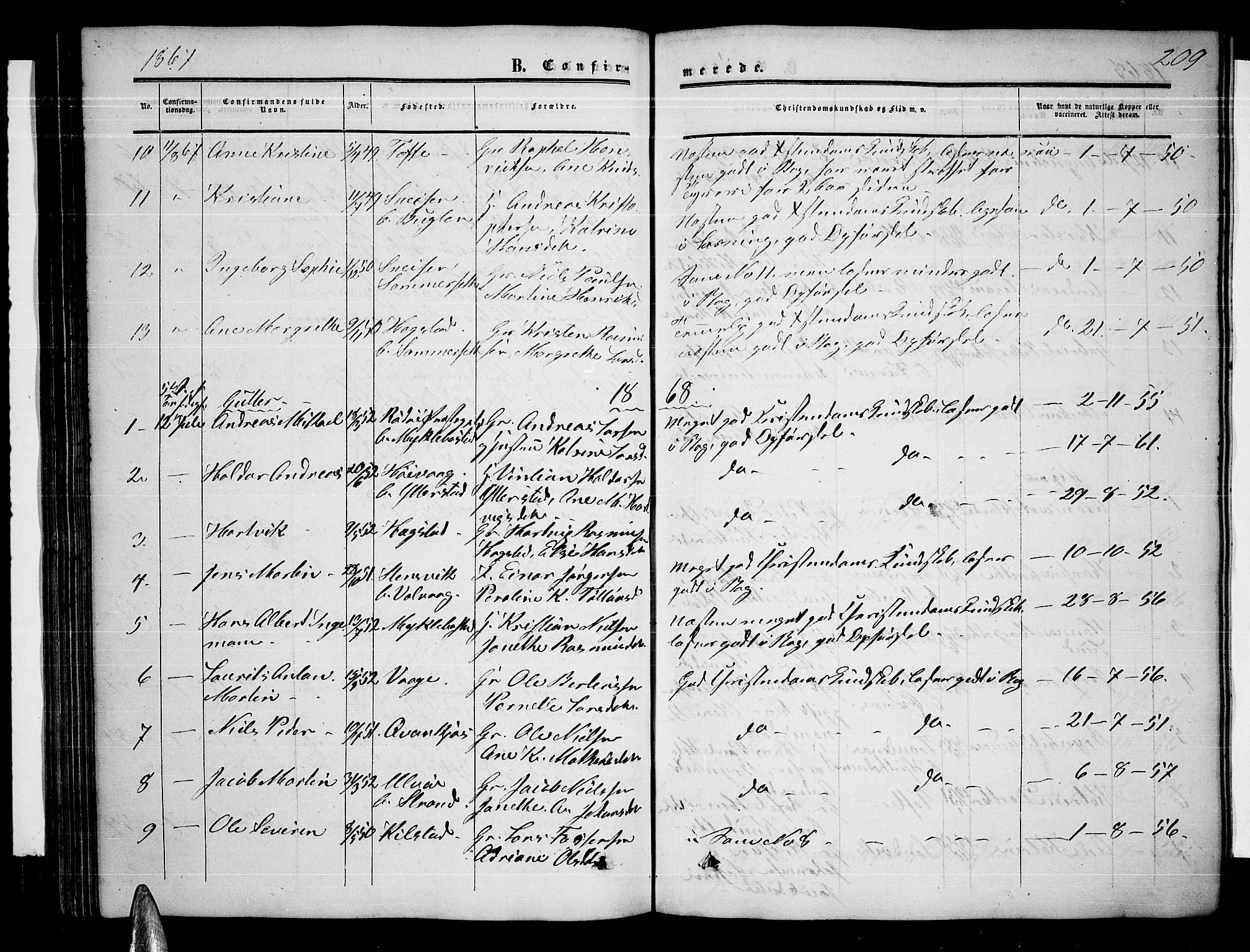 Ministerialprotokoller, klokkerbøker og fødselsregistre - Nordland, AV/SAT-A-1459/872/L1046: Parish register (copy) no. 872C02, 1852-1879, p. 209