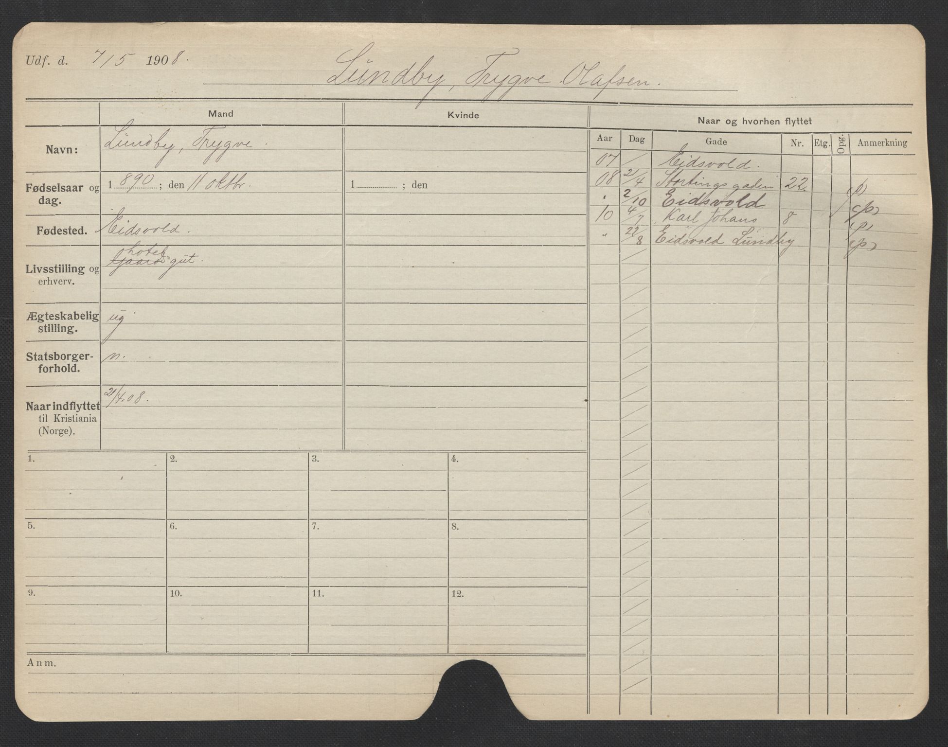 Oslo folkeregister, Registerkort, AV/SAO-A-11715/F/Fa/Fac/L0007: Menn, 1906-1914, p. 298a