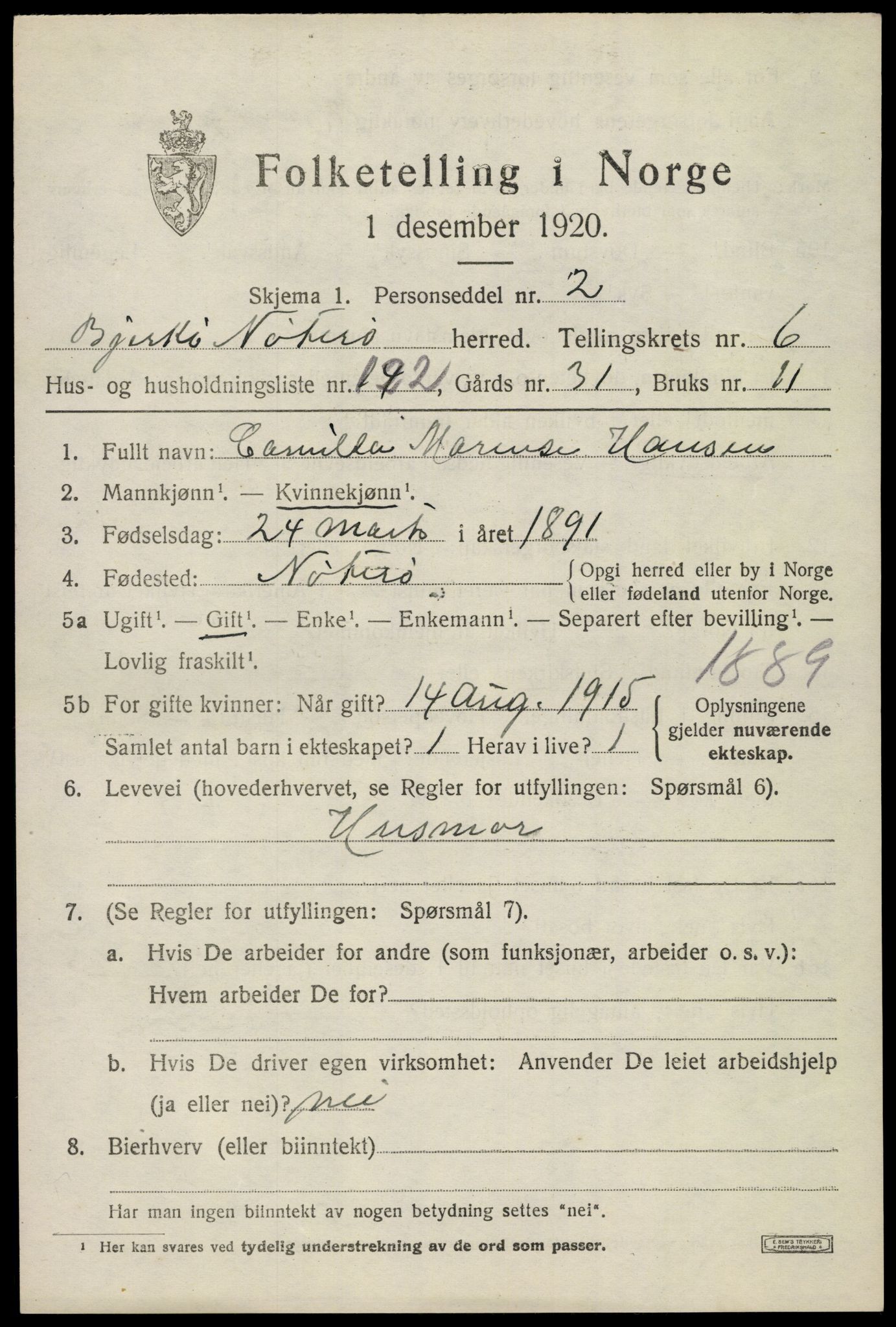 SAKO, 1920 census for Nøtterøy, 1920, p. 9443