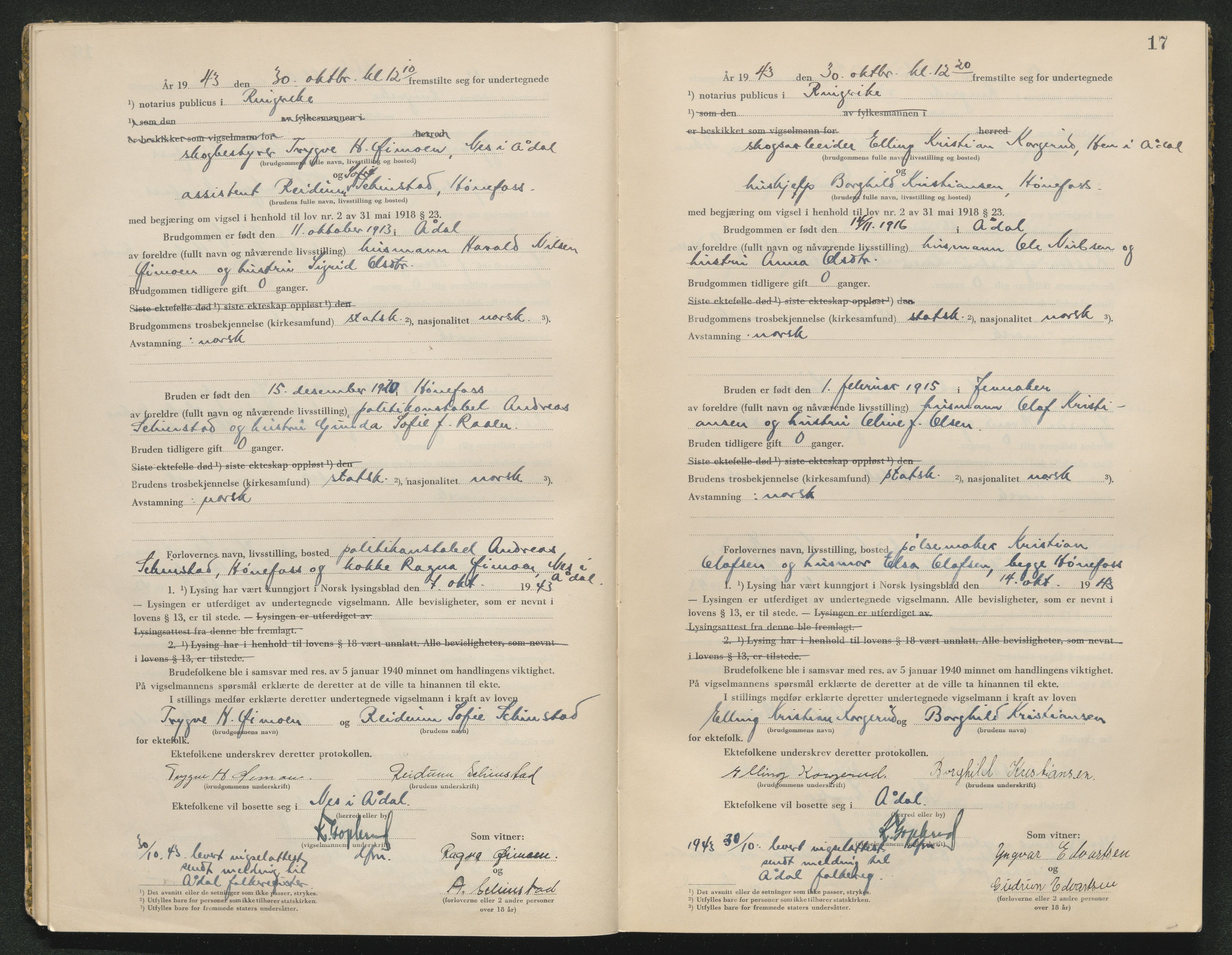 Ringerike sorenskriveri, AV/SAKO-A-105/L/Lc/L0003: Vigselsbok, 1943-1944, p. 17