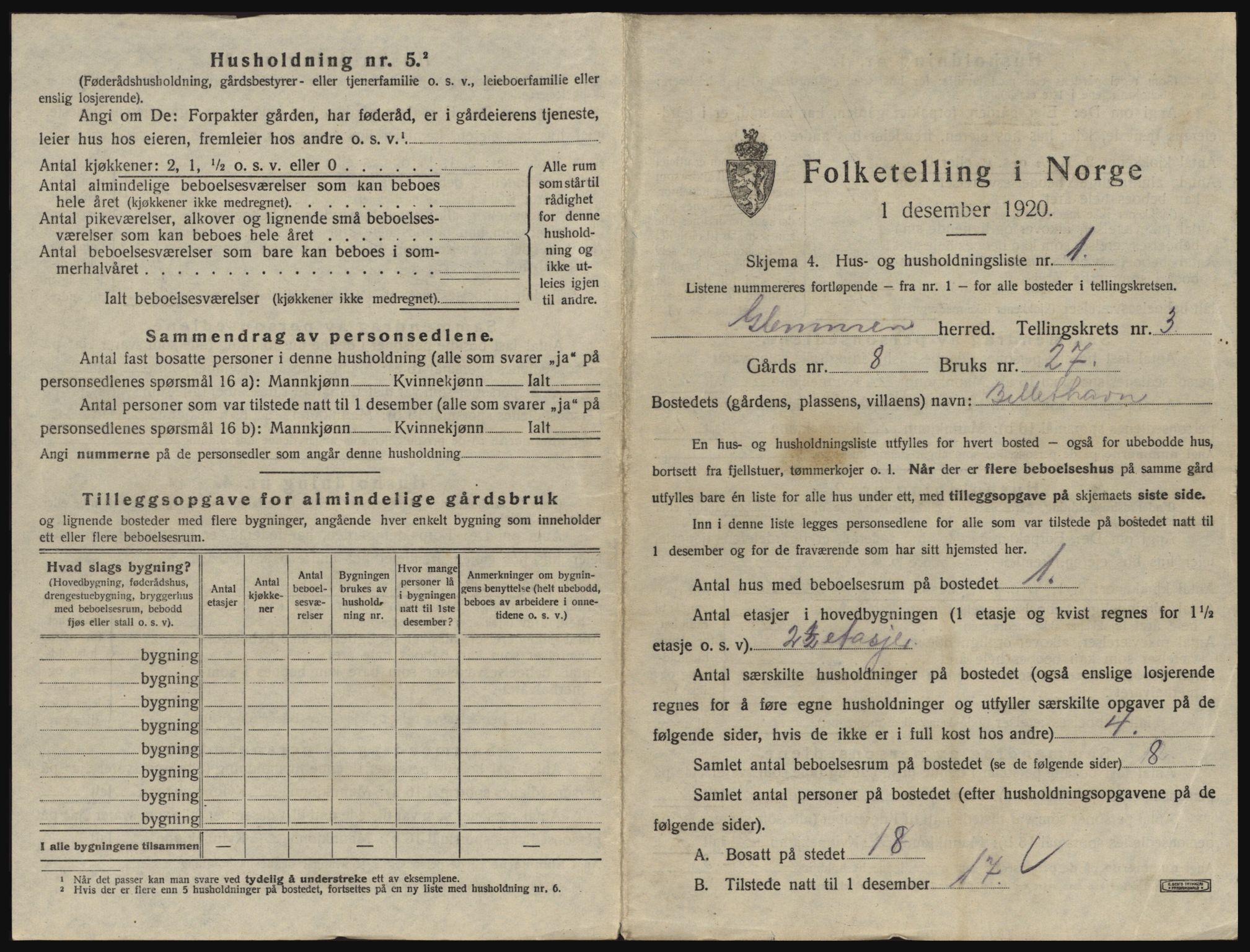 SAO, 1920 census for Glemmen, 1920, p. 447