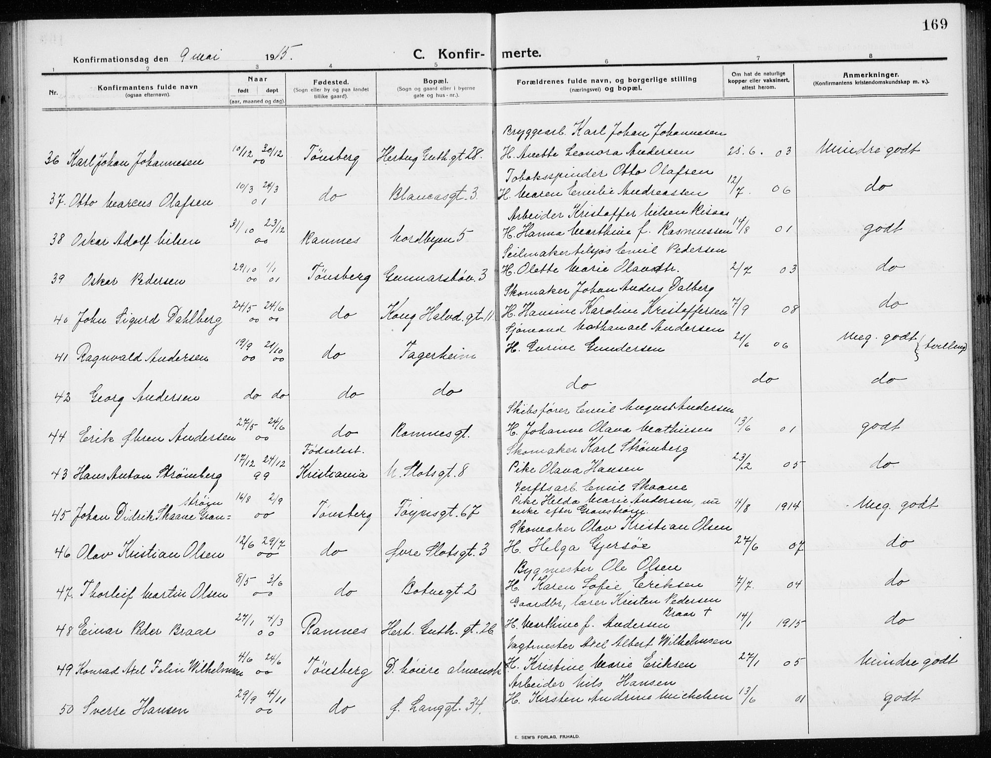 Tønsberg kirkebøker, AV/SAKO-A-330/G/Ga/L0009: Parish register (copy) no. 9, 1913-1920, p. 169