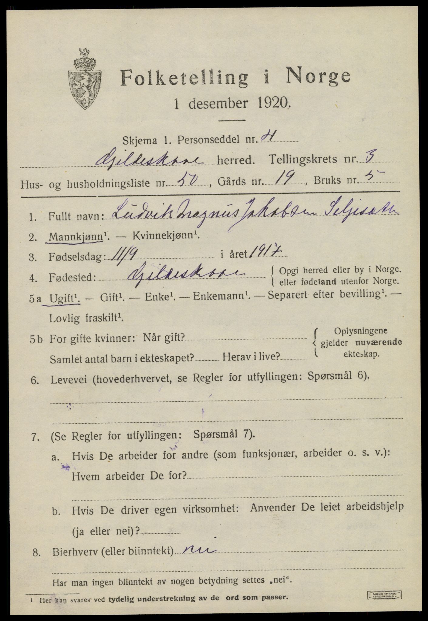 SAT, 1920 census for Gildeskål, 1920, p. 3710