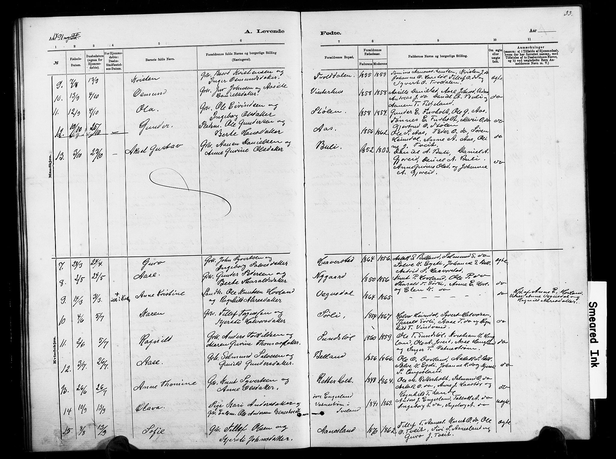 Herefoss sokneprestkontor, AV/SAK-1111-0019/F/Fb/Fbb/L0002: Parish register (copy) no. B 2, 1879-1894, p. 33