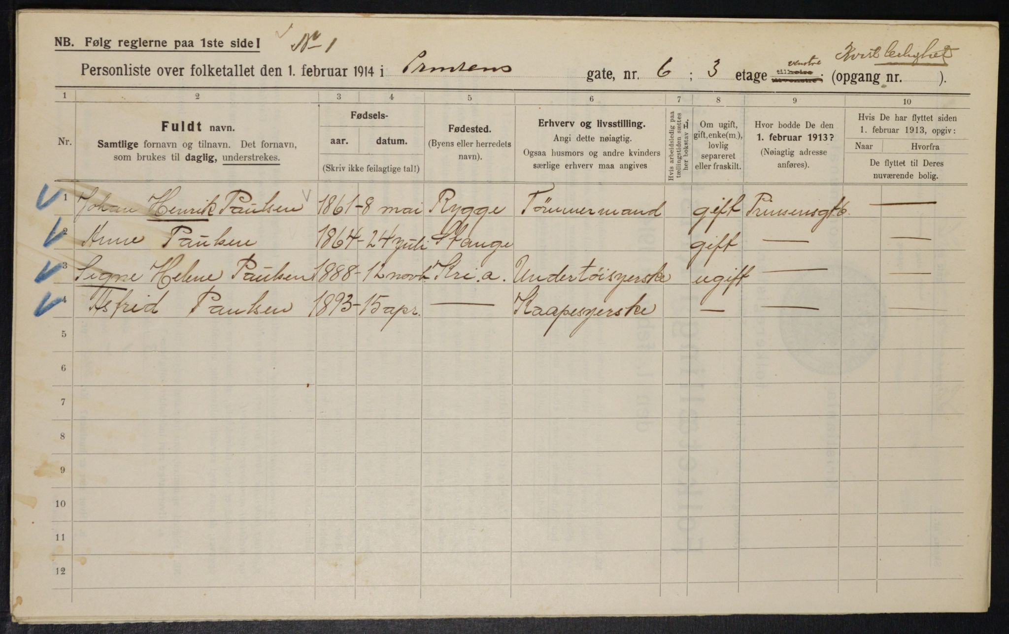 OBA, Municipal Census 1914 for Kristiania, 1914, p. 81289