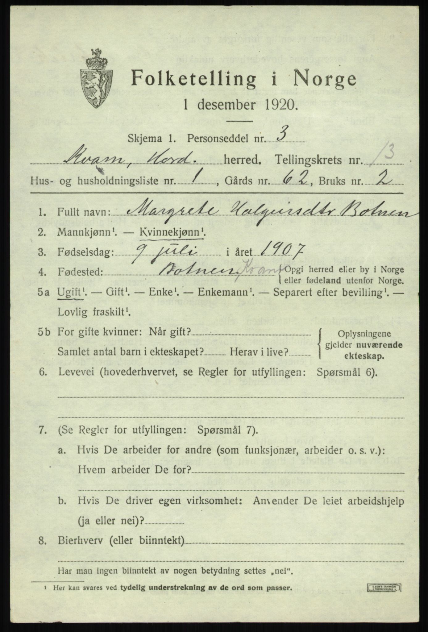 SAB, 1920 census for Kvam, 1920, p. 7975