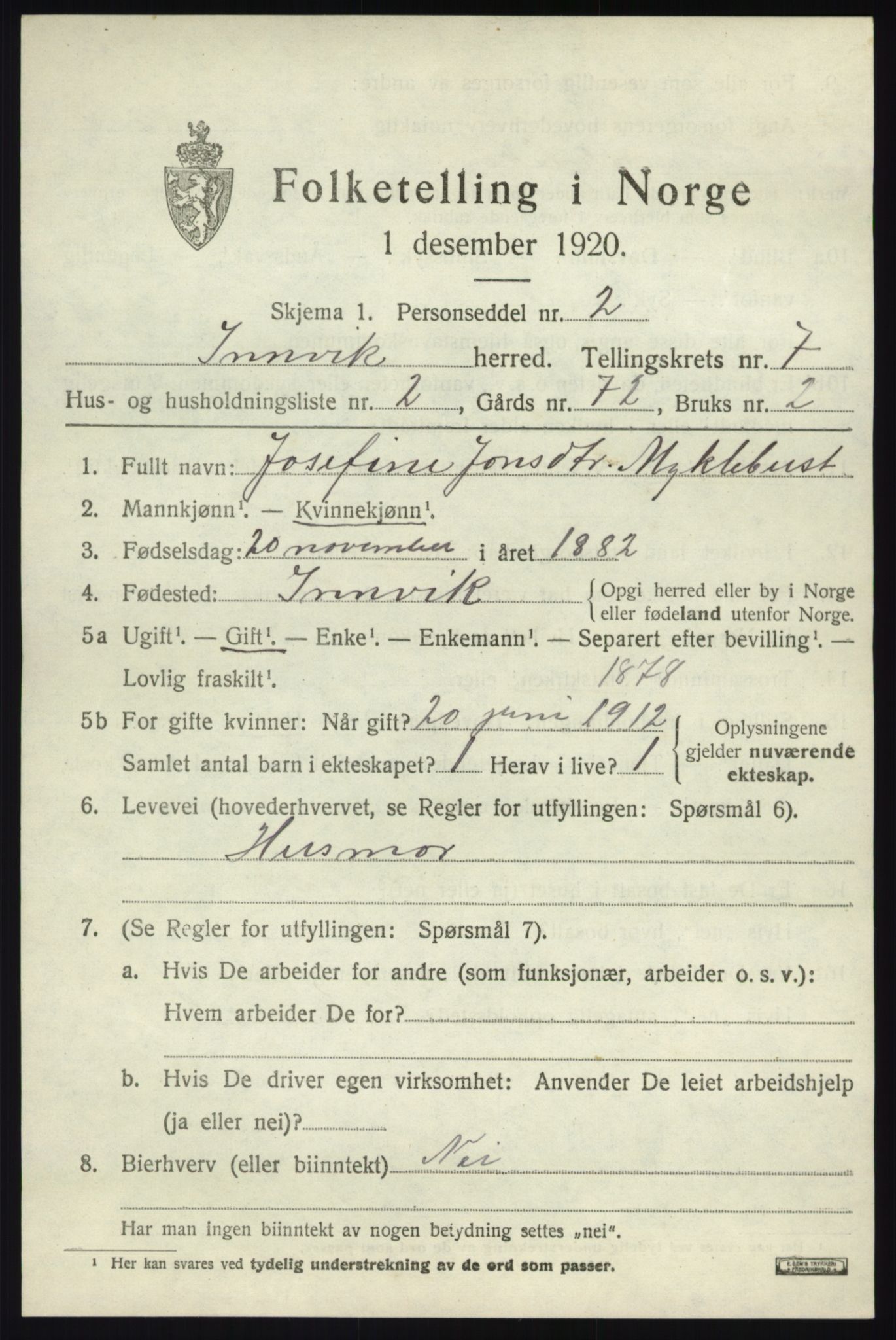 SAB, 1920 census for Innvik, 1920, p. 3159