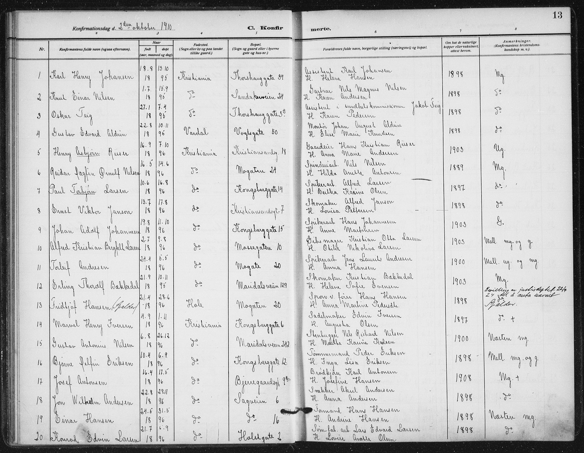 Sagene prestekontor Kirkebøker, AV/SAO-A-10796/F/L0008: Parish register (official) no. 8, 1910-1919, p. 13