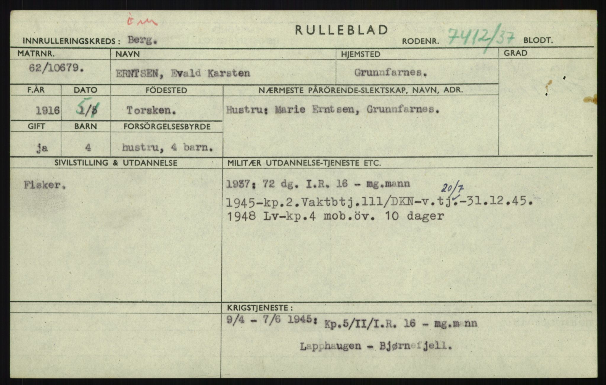 Forsvaret, Troms infanteriregiment nr. 16, AV/RA-RAFA-3146/P/Pa/L0021: Rulleblad for regimentets menige mannskaper, årsklasse 1937, 1937, p. 163