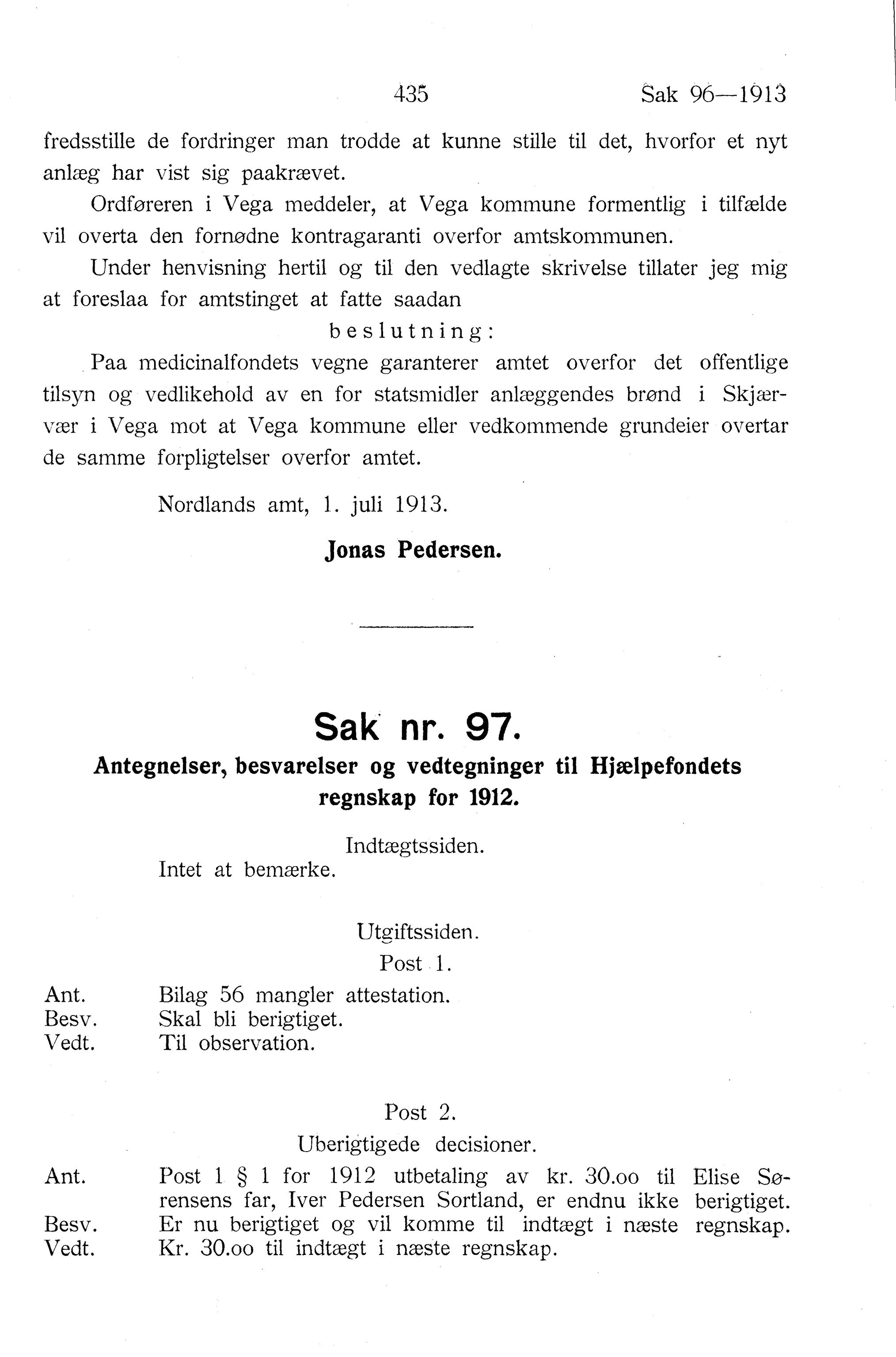 Nordland Fylkeskommune. Fylkestinget, AIN/NFK-17/176/A/Ac/L0036: Fylkestingsforhandlinger 1913, 1913