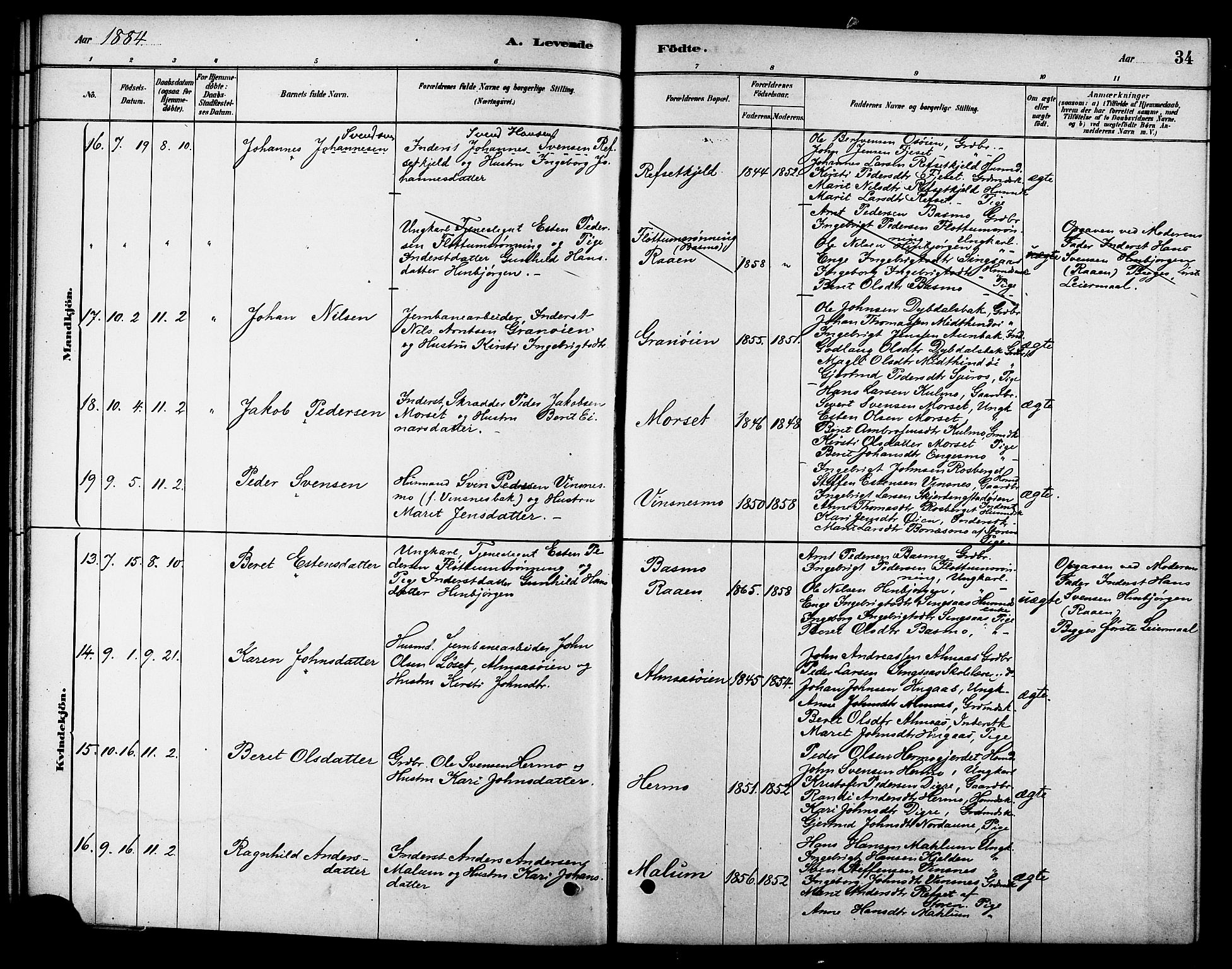 Ministerialprotokoller, klokkerbøker og fødselsregistre - Sør-Trøndelag, AV/SAT-A-1456/688/L1024: Parish register (official) no. 688A01, 1879-1890, p. 34