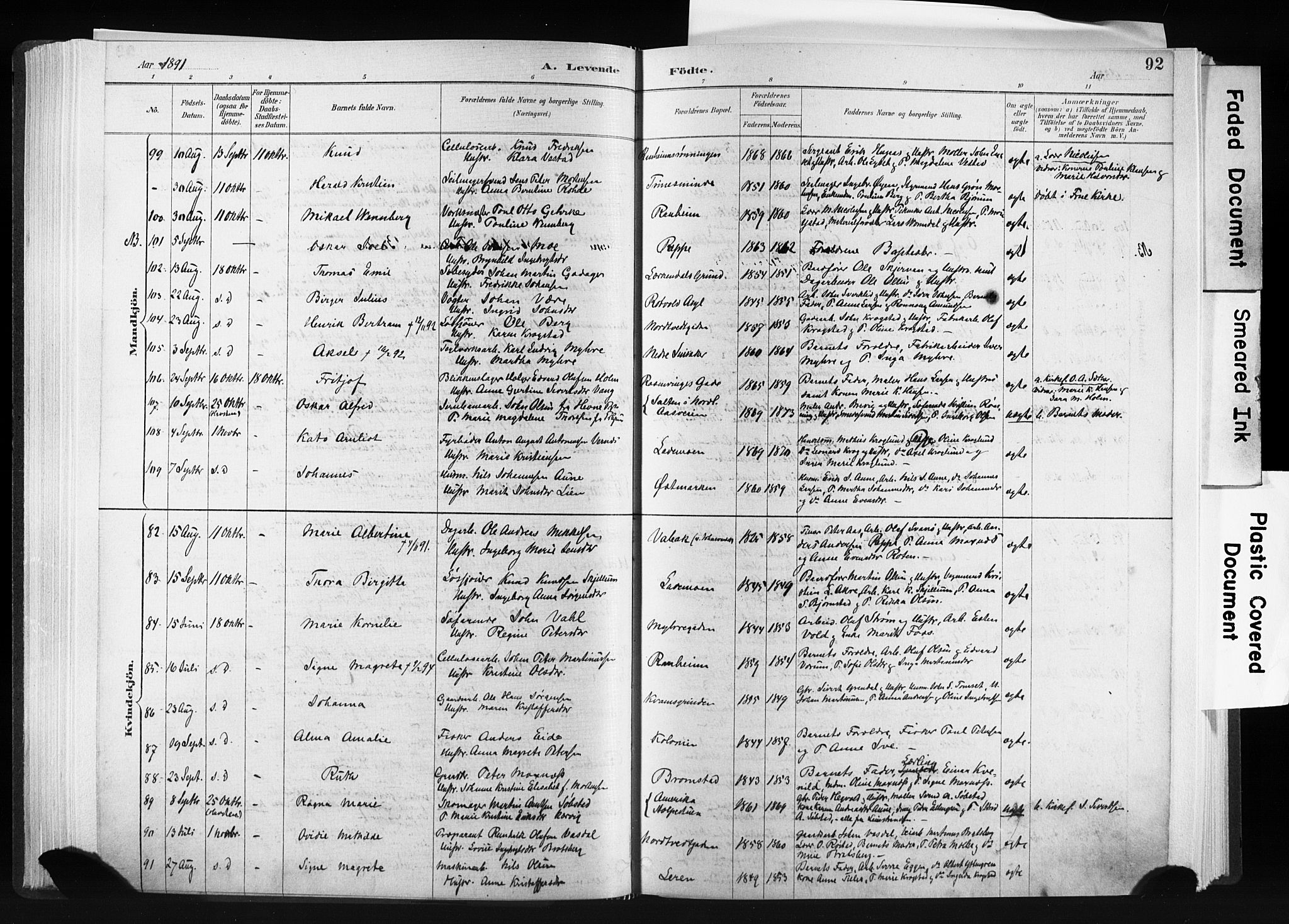 Ministerialprotokoller, klokkerbøker og fødselsregistre - Sør-Trøndelag, SAT/A-1456/606/L0300: Parish register (official) no. 606A15, 1886-1893, p. 92