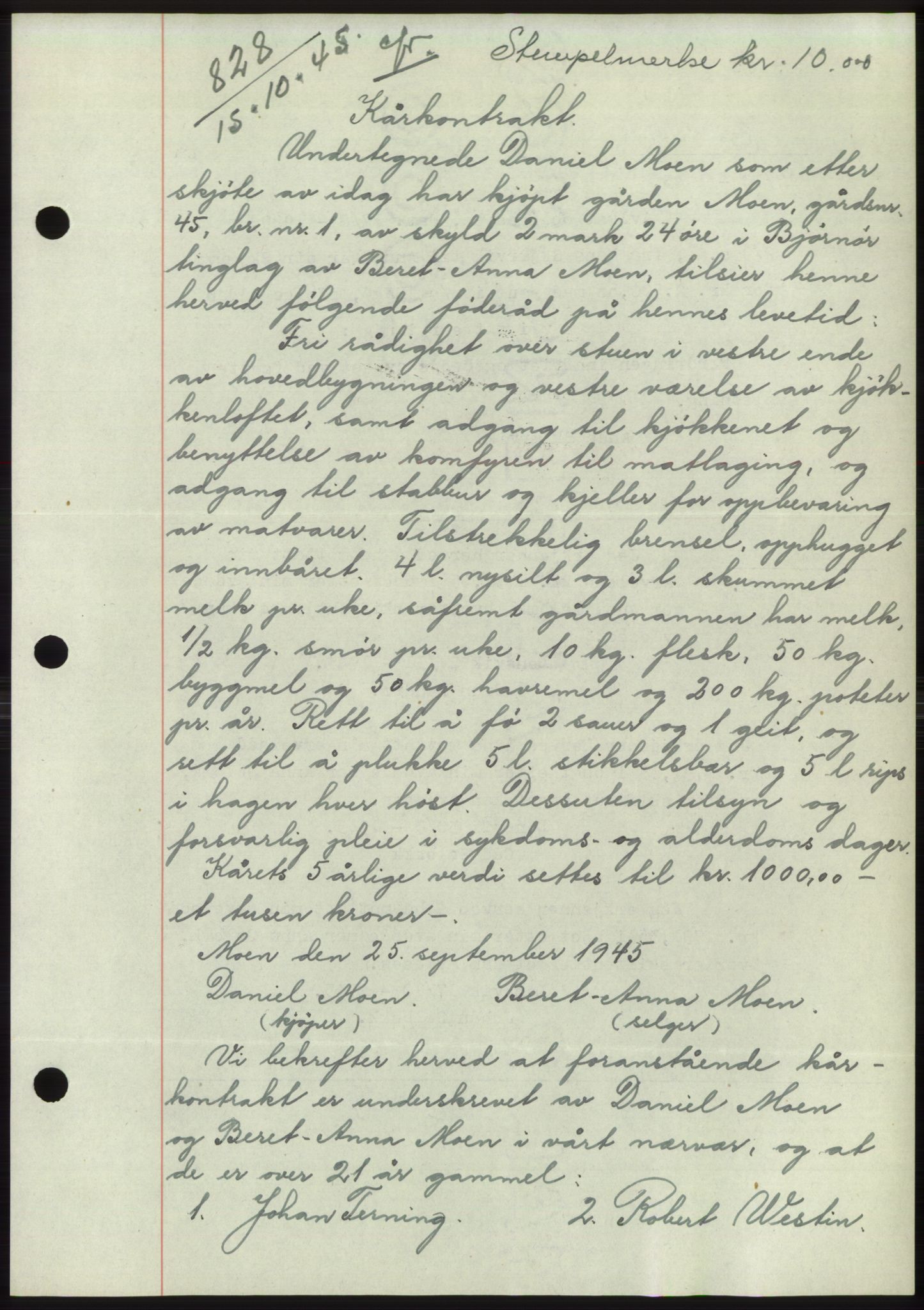 Fosen sorenskriveri, AV/SAT-A-1107/1/2/2C: Mortgage book no. B1, 1943-1946, Diary no: : 828/1945