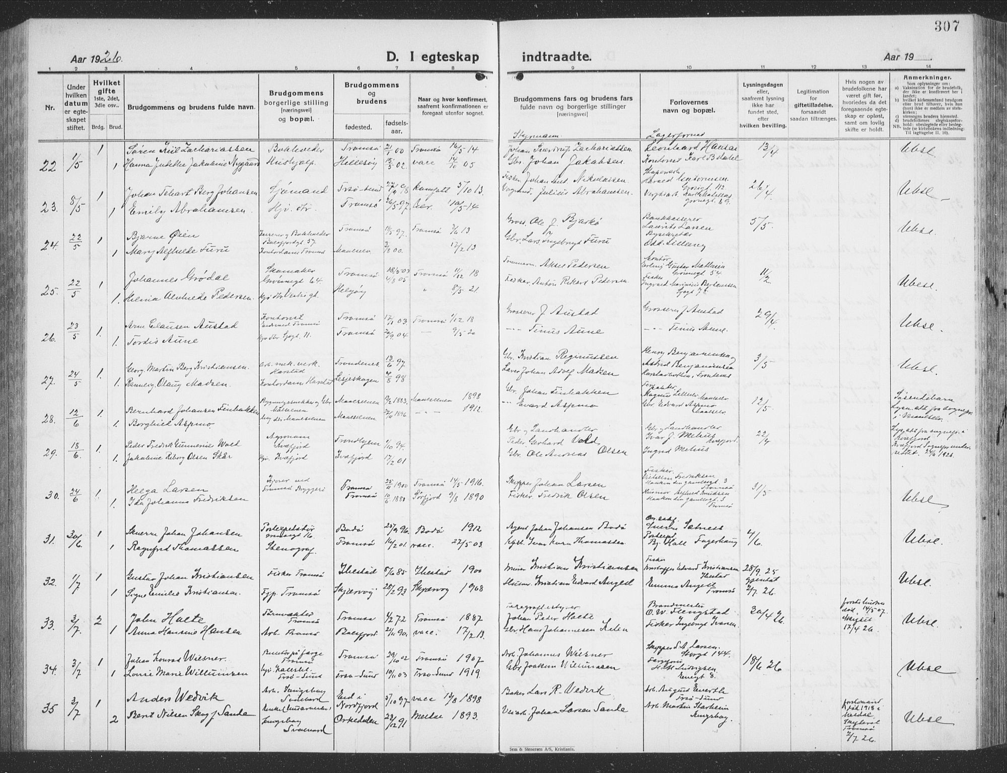 Tromsø sokneprestkontor/stiftsprosti/domprosti, SATØ/S-1343/G/Gb/L0010klokker: Parish register (copy) no. 10, 1925-1937, p. 307