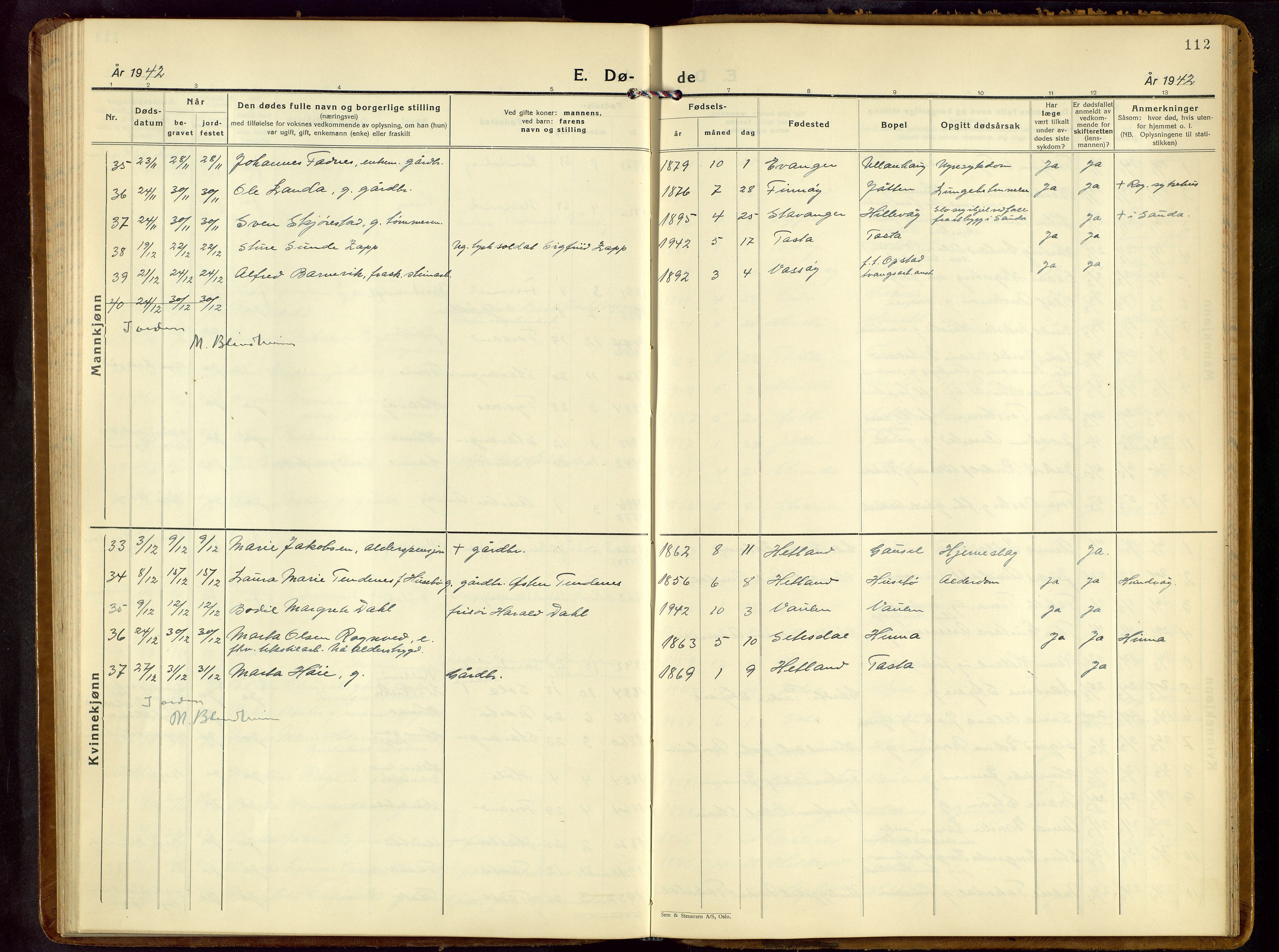 Hetland sokneprestkontor, SAST/A-101826/30/30BB/L0013: Parish register (copy) no. B 13, 1931-1952, p. 112