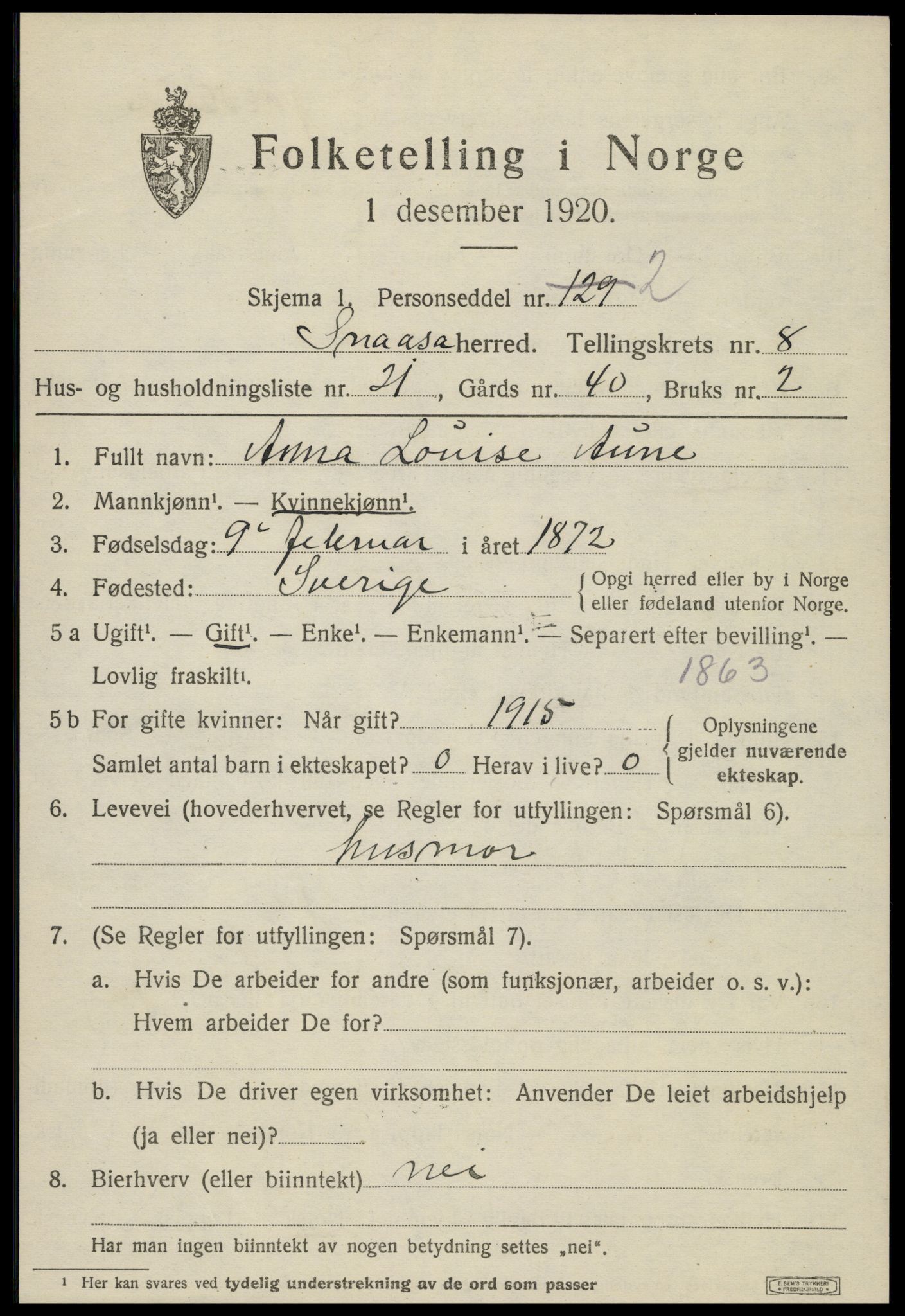 SAT, 1920 census for Snåsa, 1920, p. 3426
