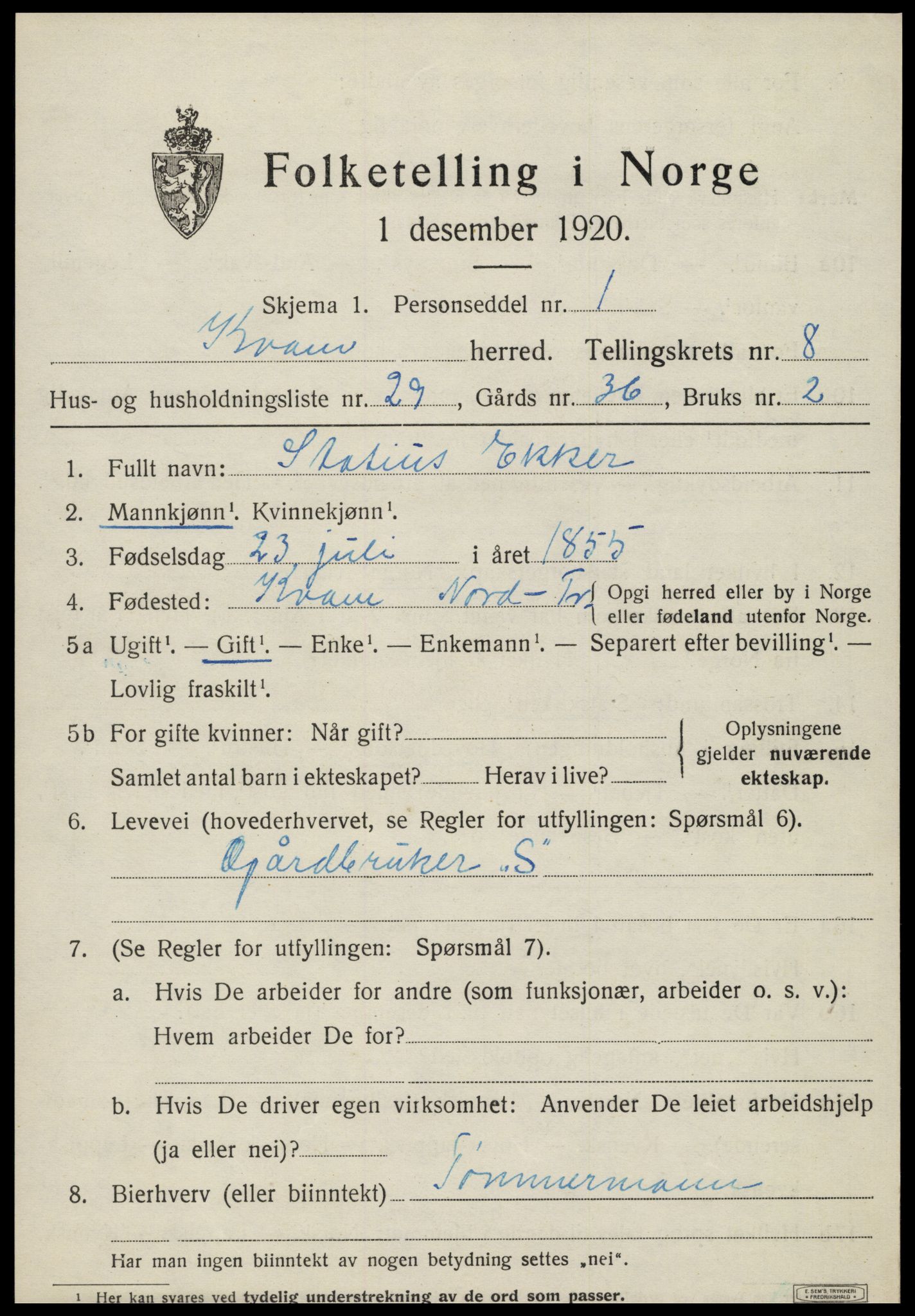 SAT, 1920 census for Kvam, 1920, p. 2313