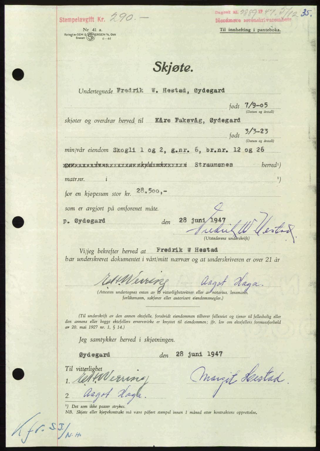 Nordmøre sorenskriveri, AV/SAT-A-4132/1/2/2Ca: Mortgage book no. A107, 1947-1948, Diary no: : 2889/1947