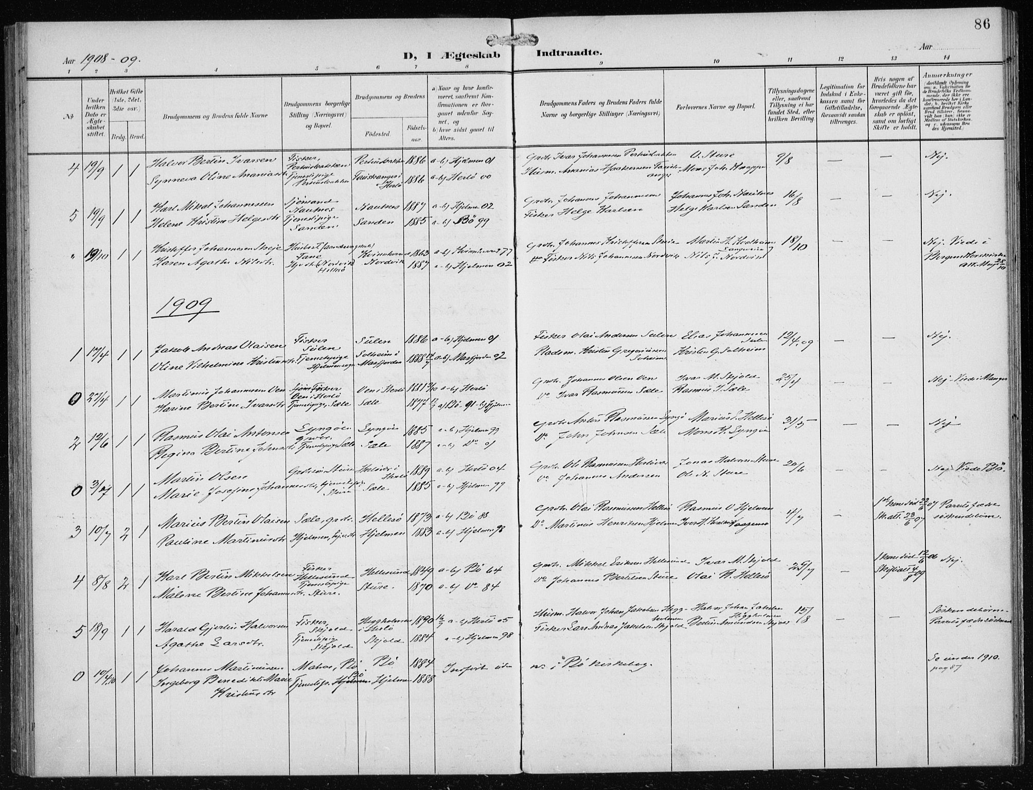 Herdla Sokneprestembete, AV/SAB-A-75701/H/Haa: Parish register (official) no. B 1, 1902-1921, p. 86