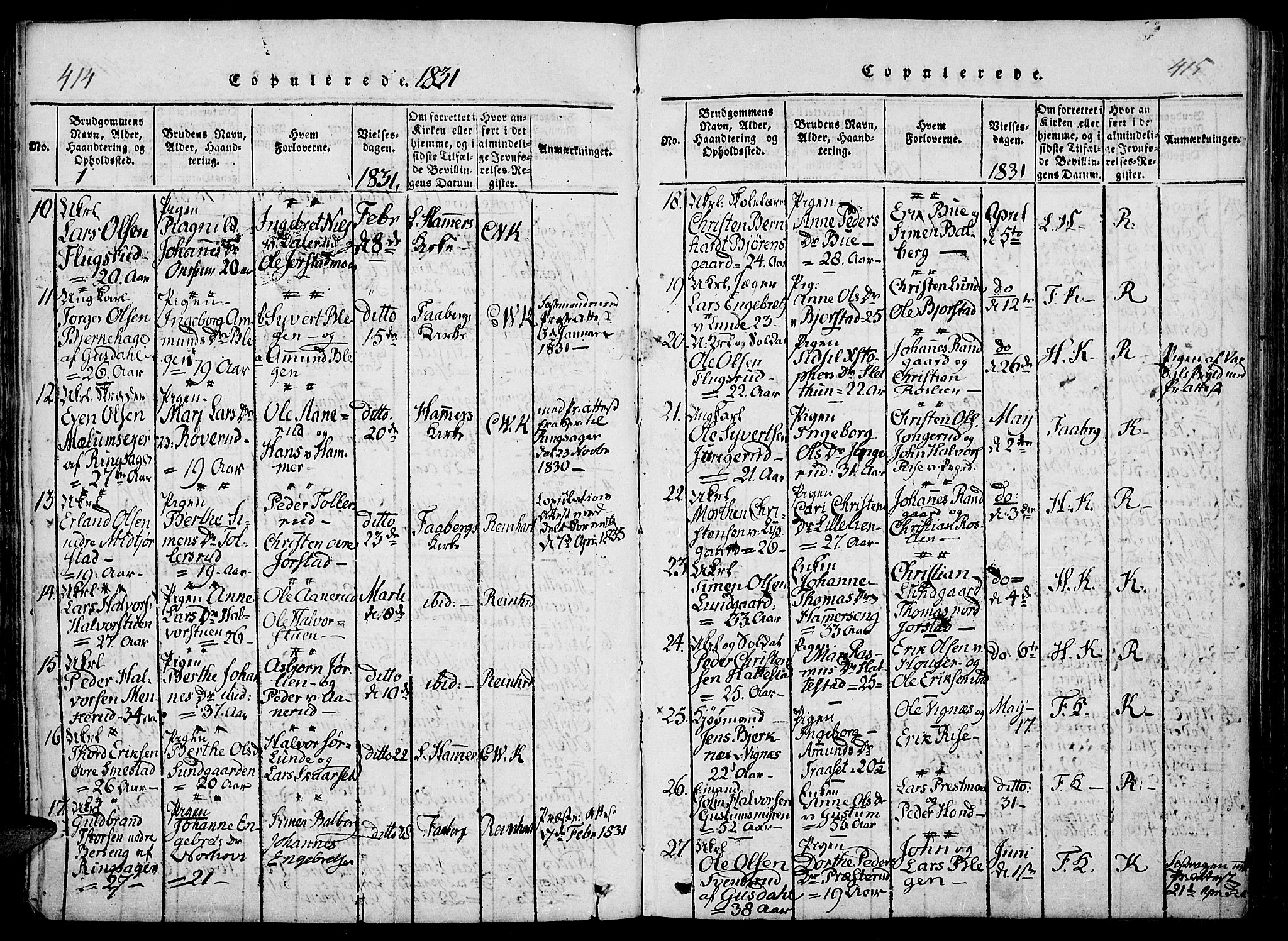 Fåberg prestekontor, AV/SAH-PREST-086/H/Ha/Haa/L0003: Parish register (official) no. 3, 1818-1833, p. 414-415