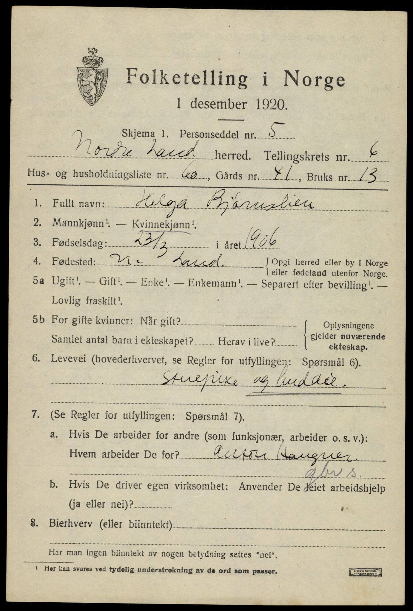 SAH, 1920 census for Nordre Land, 1920, p. 4500