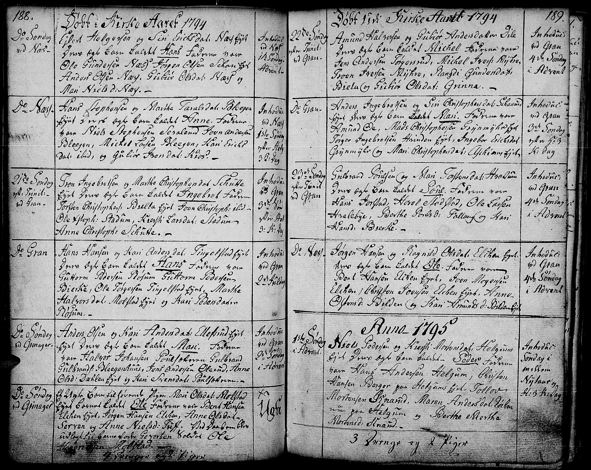 Gran prestekontor, SAH/PREST-112/H/Ha/Haa/L0006: Parish register (official) no. 6, 1787-1824, p. 188-189