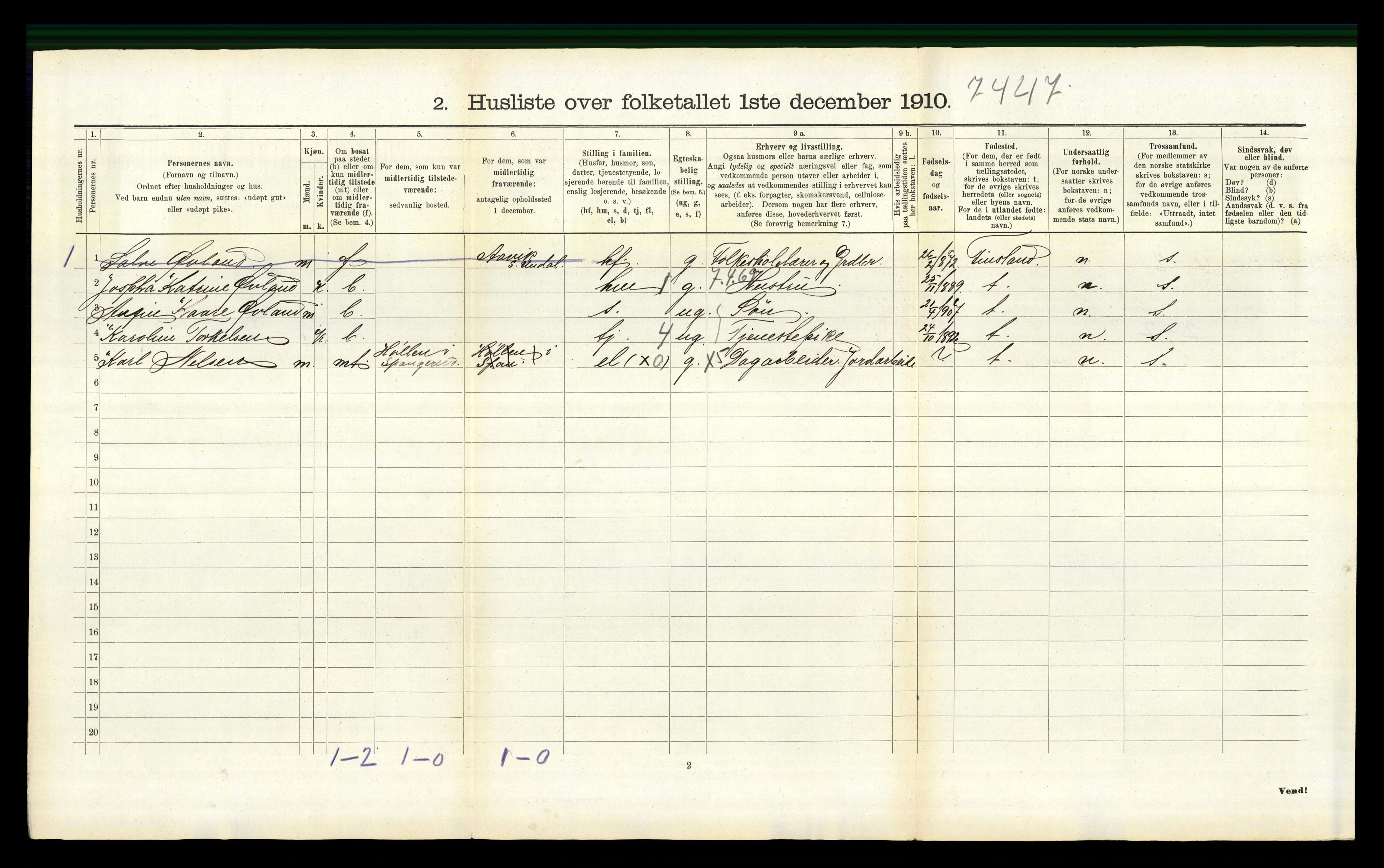 RA, 1910 census for Spangereid, 1910, p. 698