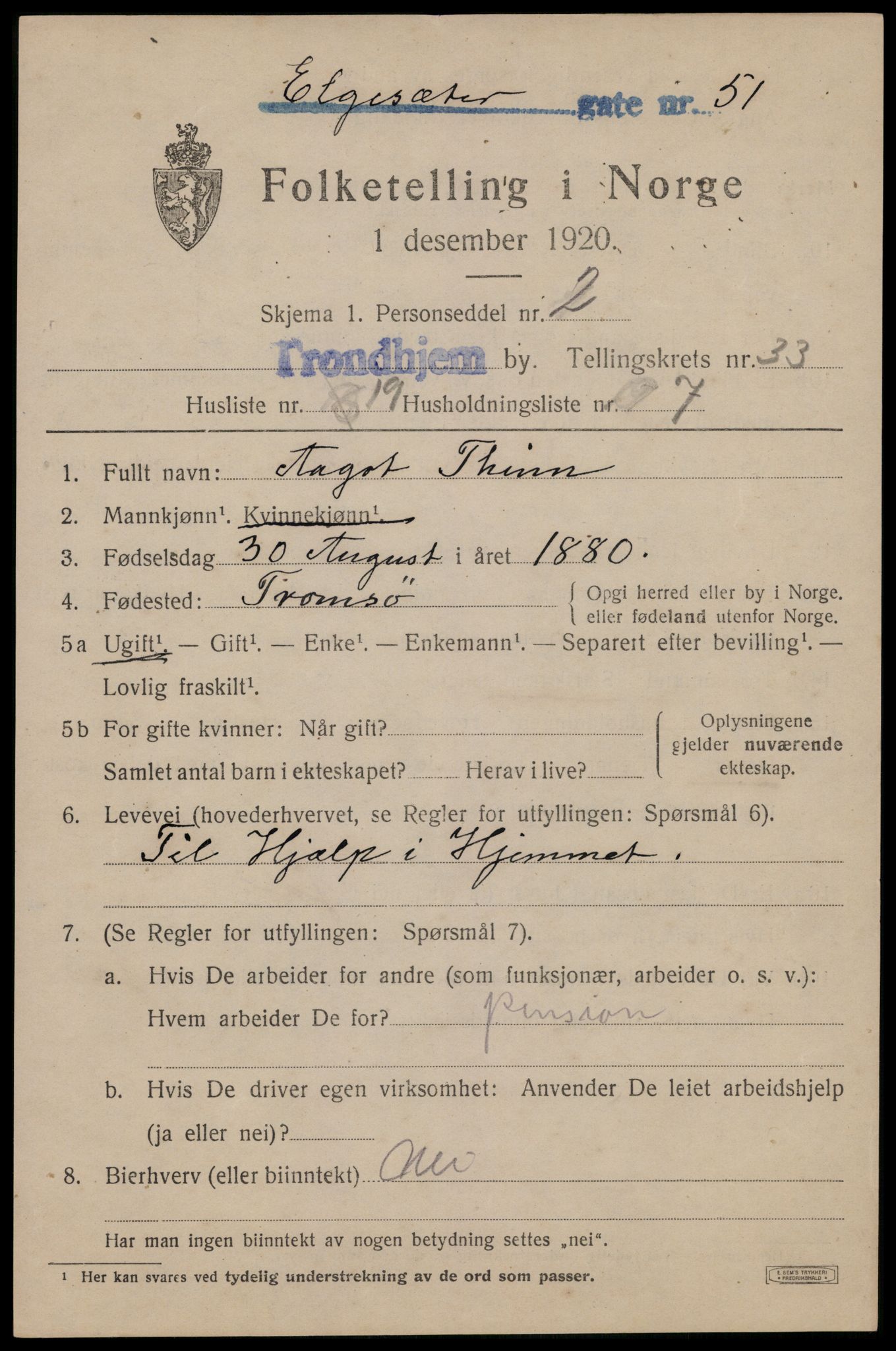 SAT, 1920 census for Trondheim, 1920, p. 79500