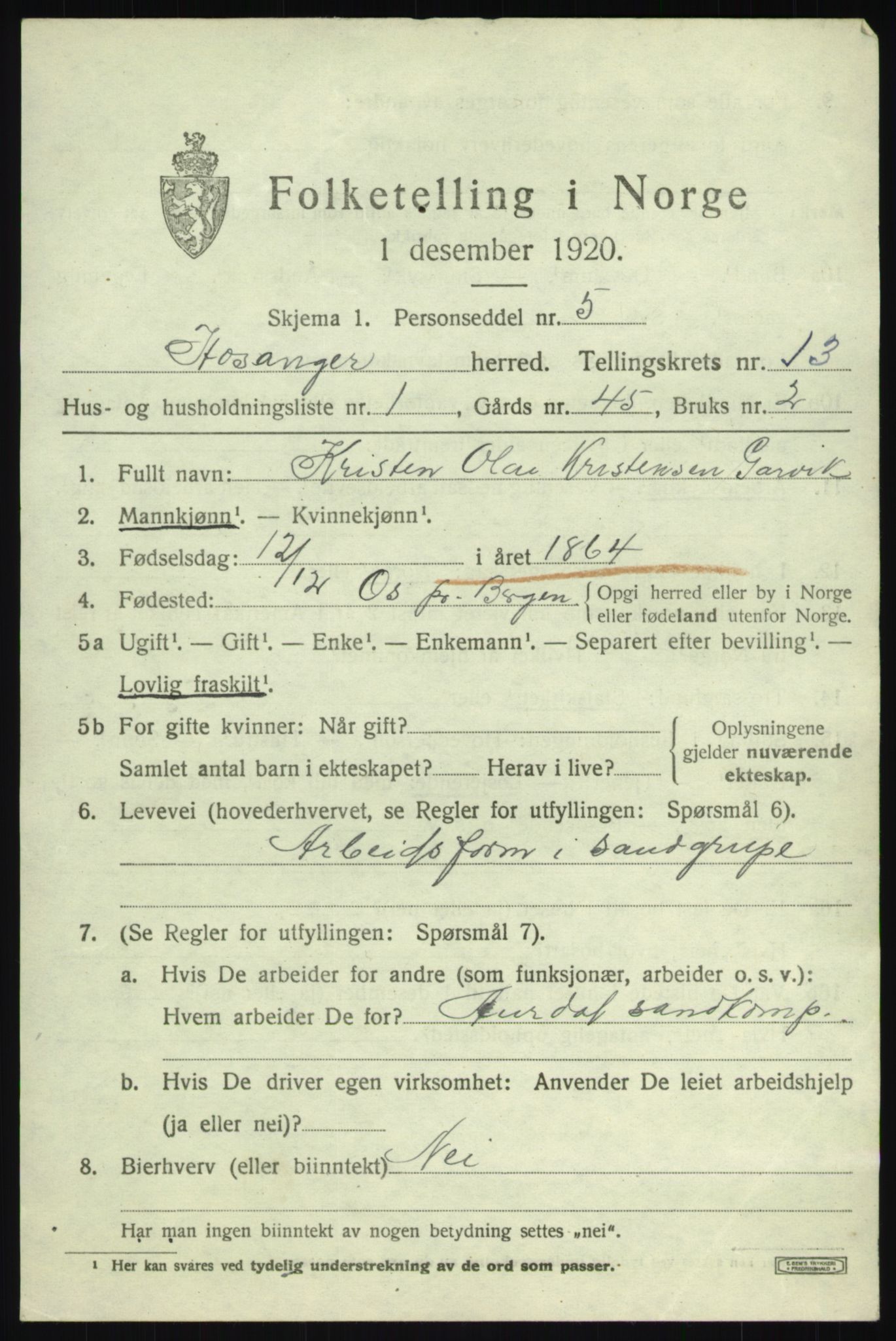 SAB, 1920 census for Hosanger, 1920, p. 5107