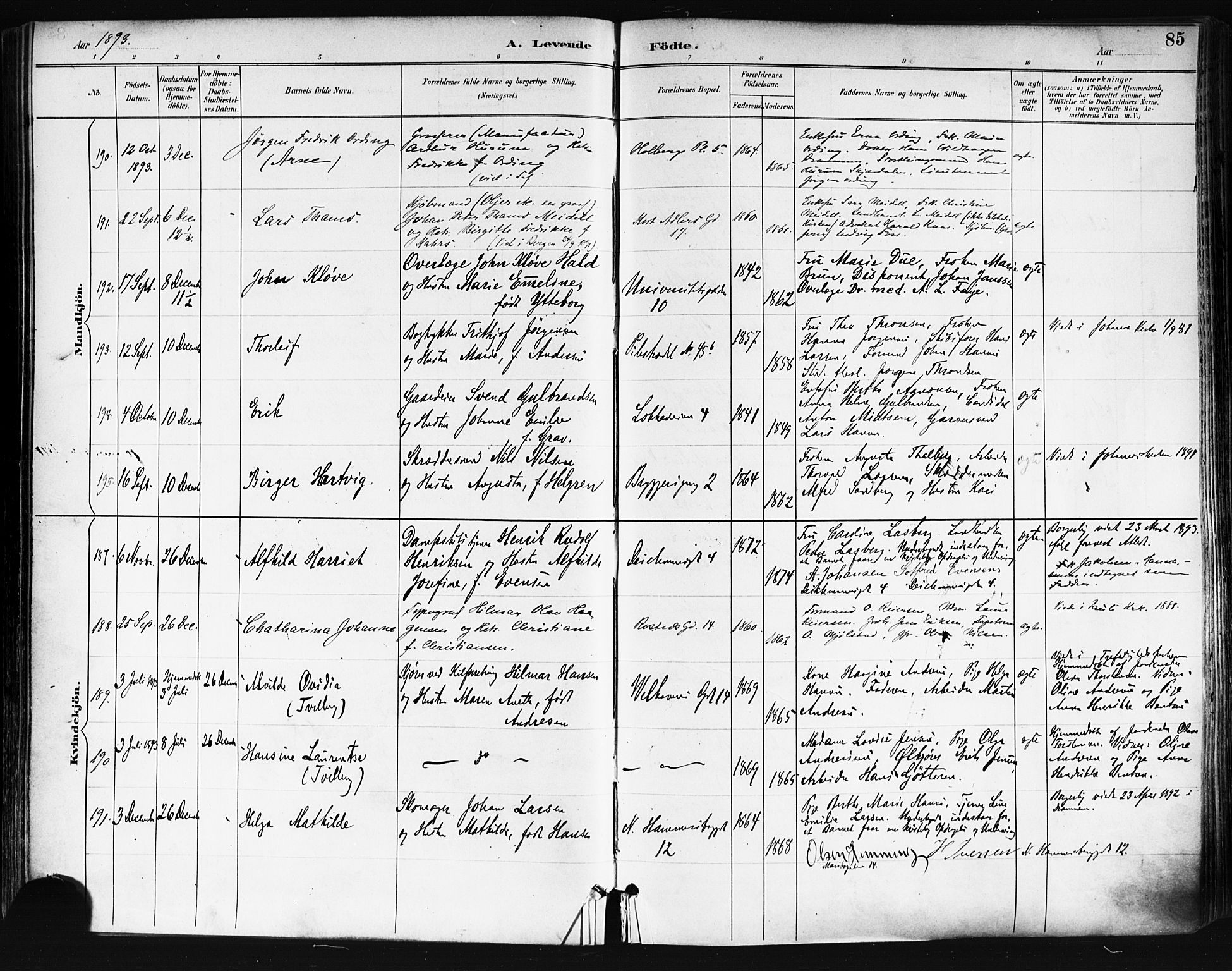 Trefoldighet prestekontor Kirkebøker, AV/SAO-A-10882/F/Fa/L0006: Parish register (official) no. I 6, 1891-1899, p. 85